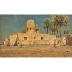 Antique 19th Century Italian Orientalist Oil Painting Mosque Cairo Egypt Lovatti