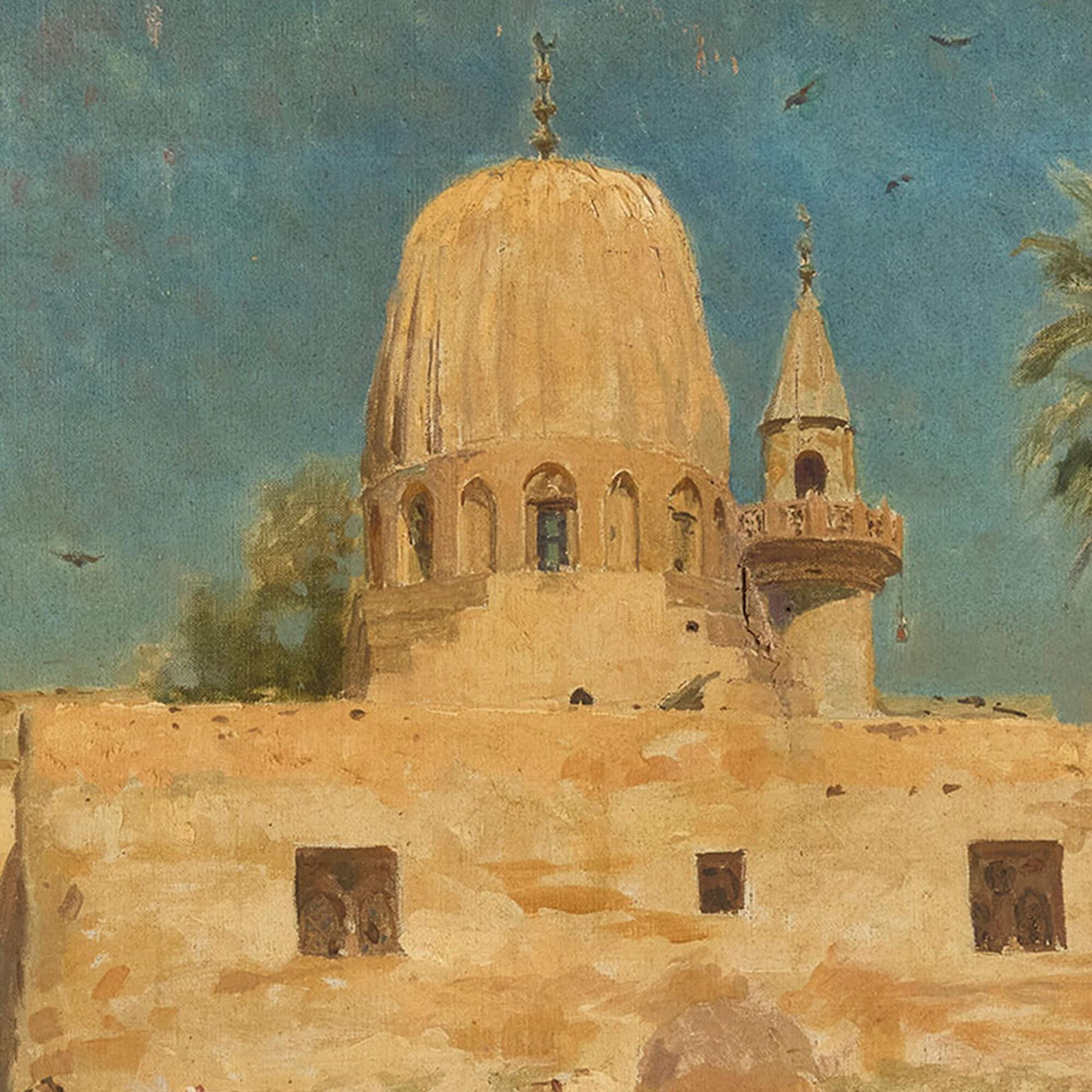 Antique 19th Century Italian Orientalist Oil Painting Mosque Cairo Egypt Lovatti
Italian, 1899 
Canvas: Height 31cm, width 51cm
Frame: Height 40cm, width 61cm, depth 4cm

This is a very fine 19th century oil painting by Italian artist Augusto