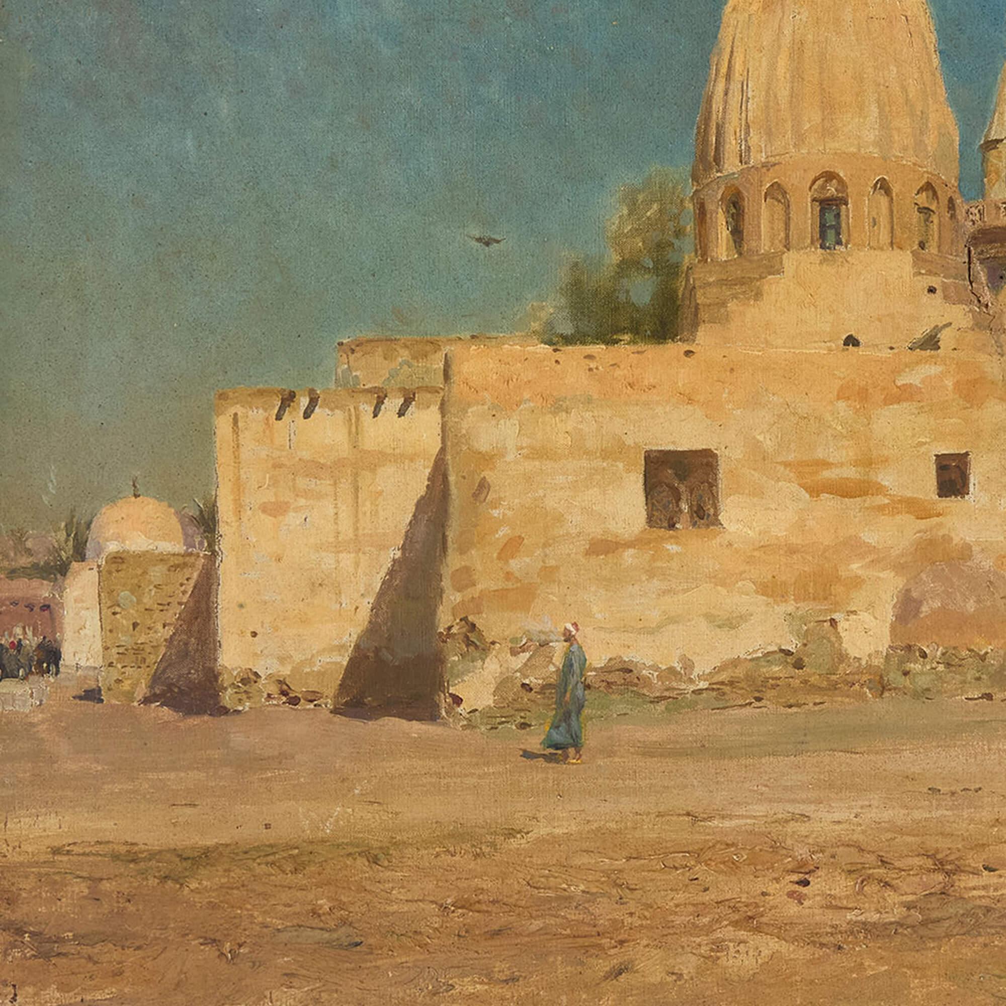 Antique 19th Century Italian Orientalist Oil Painting Mosque Cairo Egypt Lovatti For Sale 1