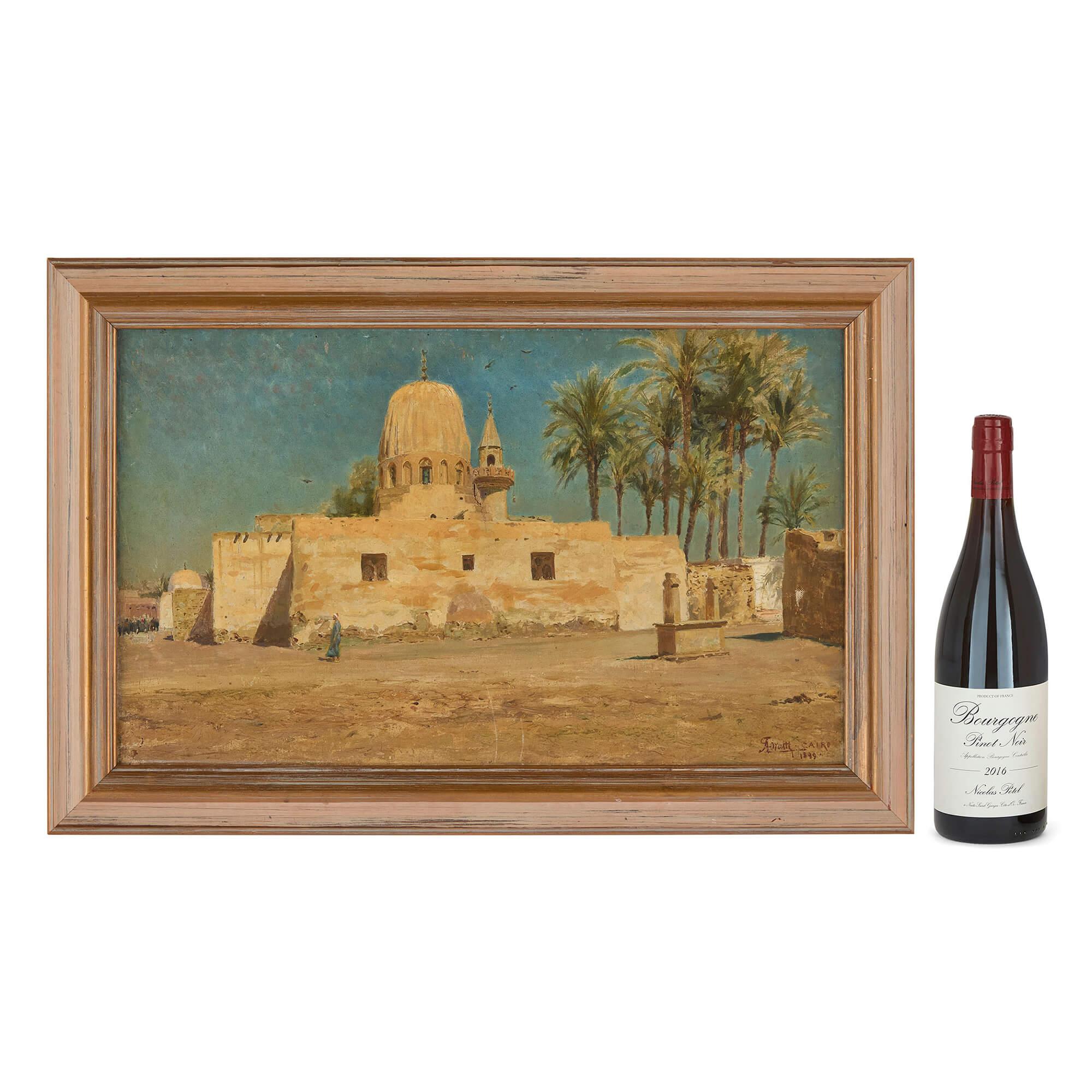Antique 19th Century Italian Orientalist Oil Painting Mosque Cairo Egypt Lovatti For Sale 5