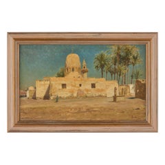 Antique 19th Century Italian Orientalist Oil Painting Mosque Cairo Egypt Lovatti
