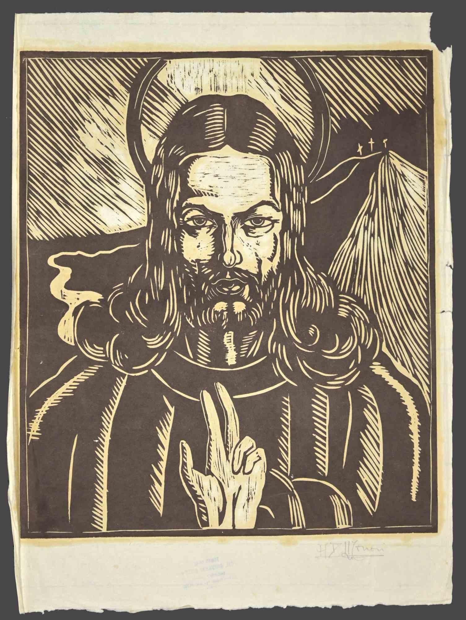 Christ - Gravure sur bois de Augusto Monari - Début du 20e siècle