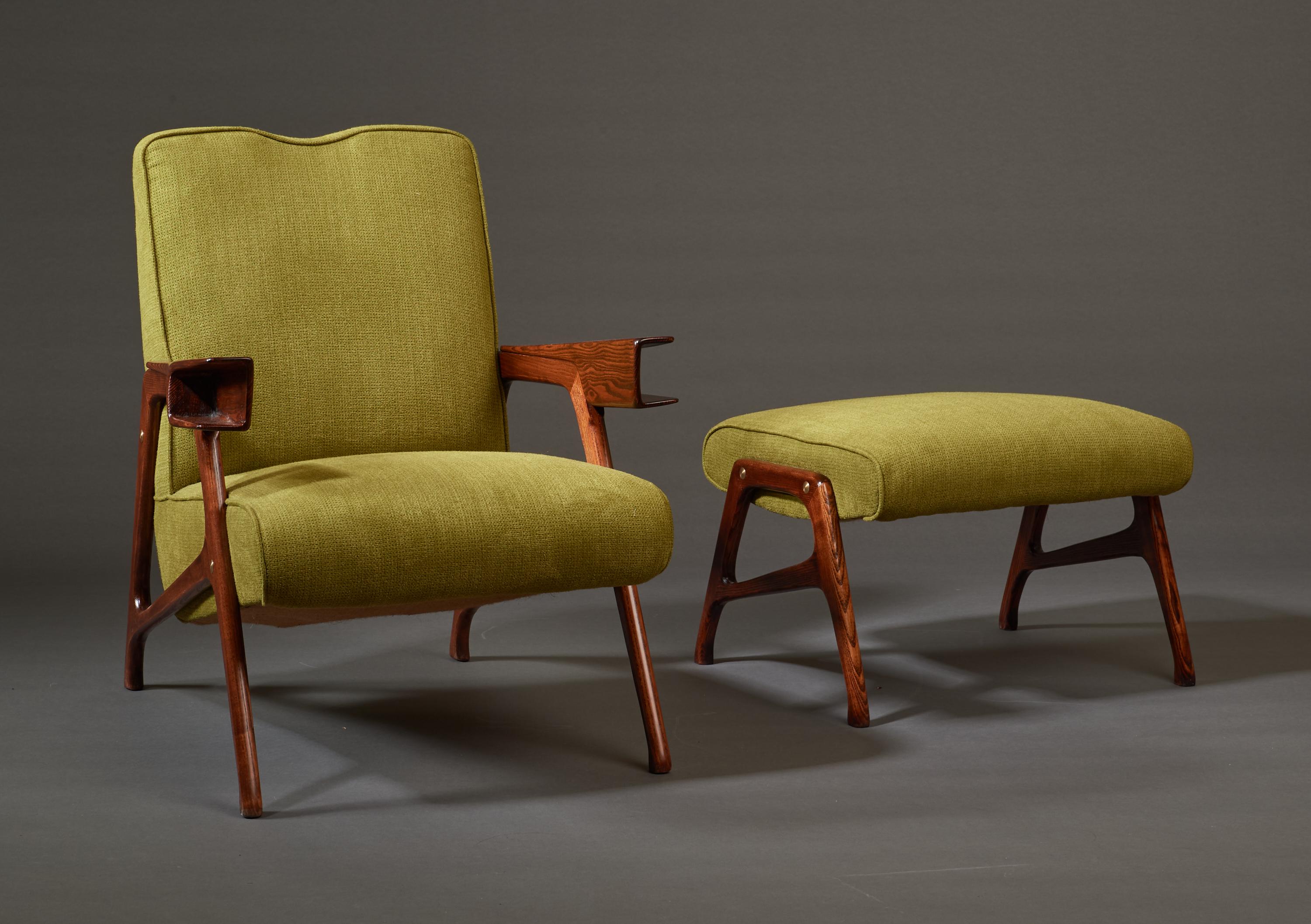 Mid-20th Century Augusto Romano, Architectural Mahogany Armchair and Ottoman, Italy, 1950s For Sale
