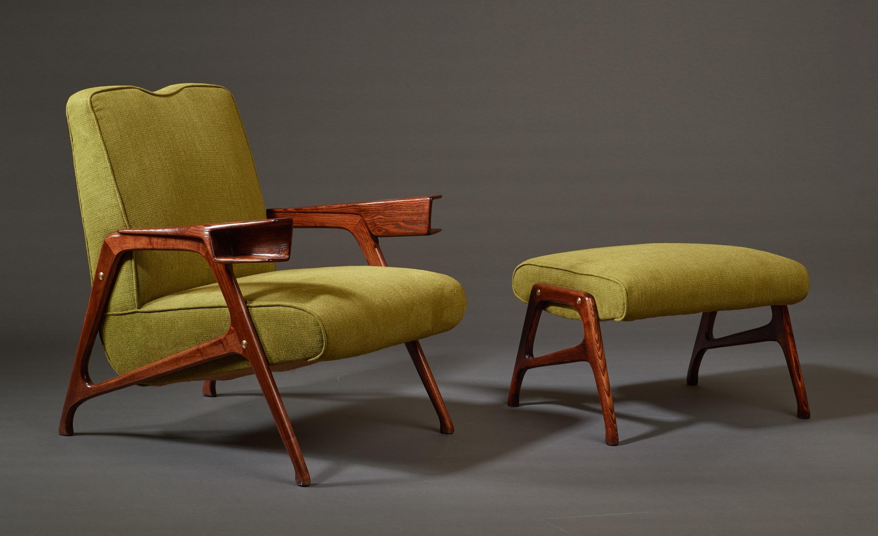 Fabric Augusto Romano, Architectural Mahogany Armchair and Ottoman, Italy, 1950s For Sale