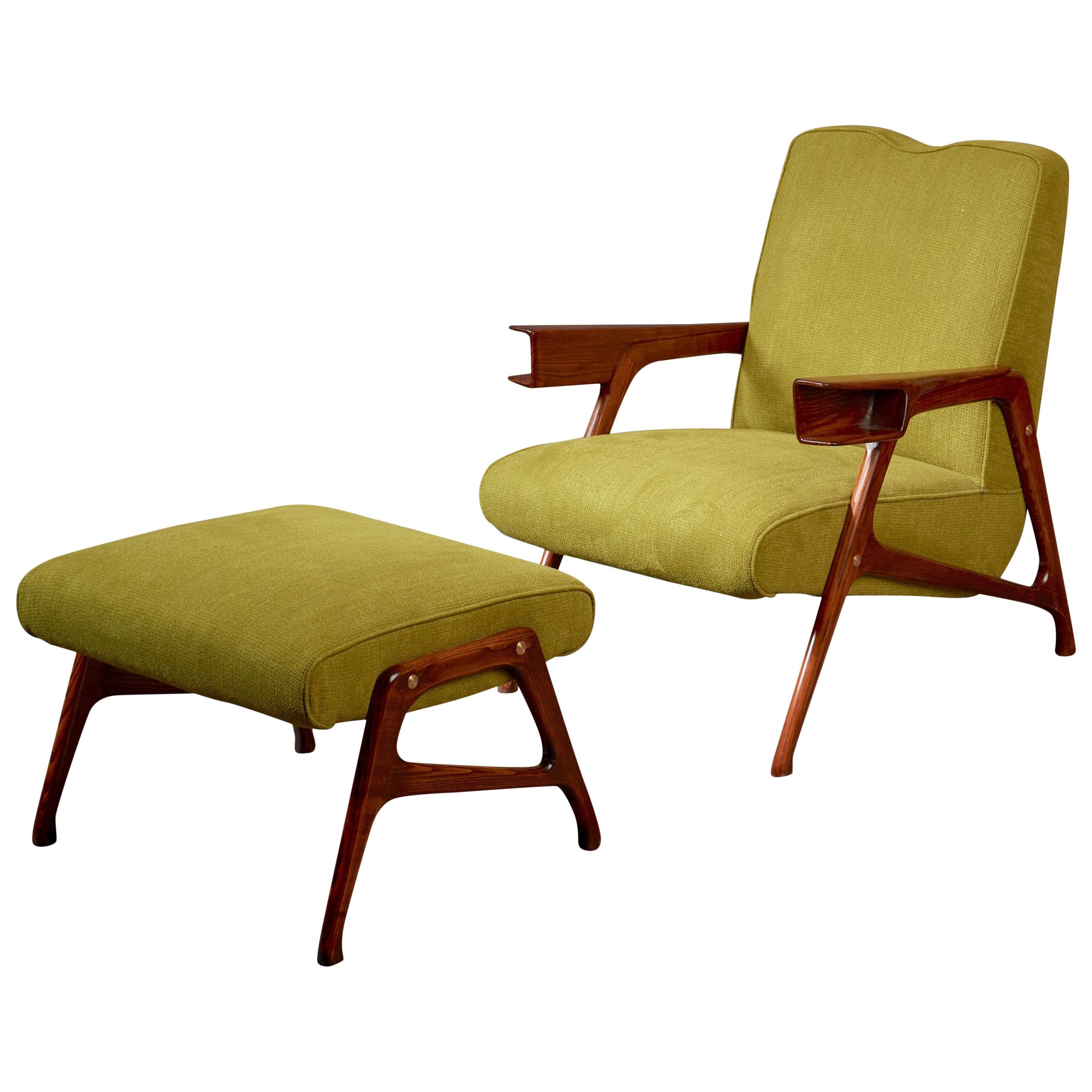 Augusto Romano, Architectural Mahogany Armchair and Ottoman, Italy, 1950s For Sale