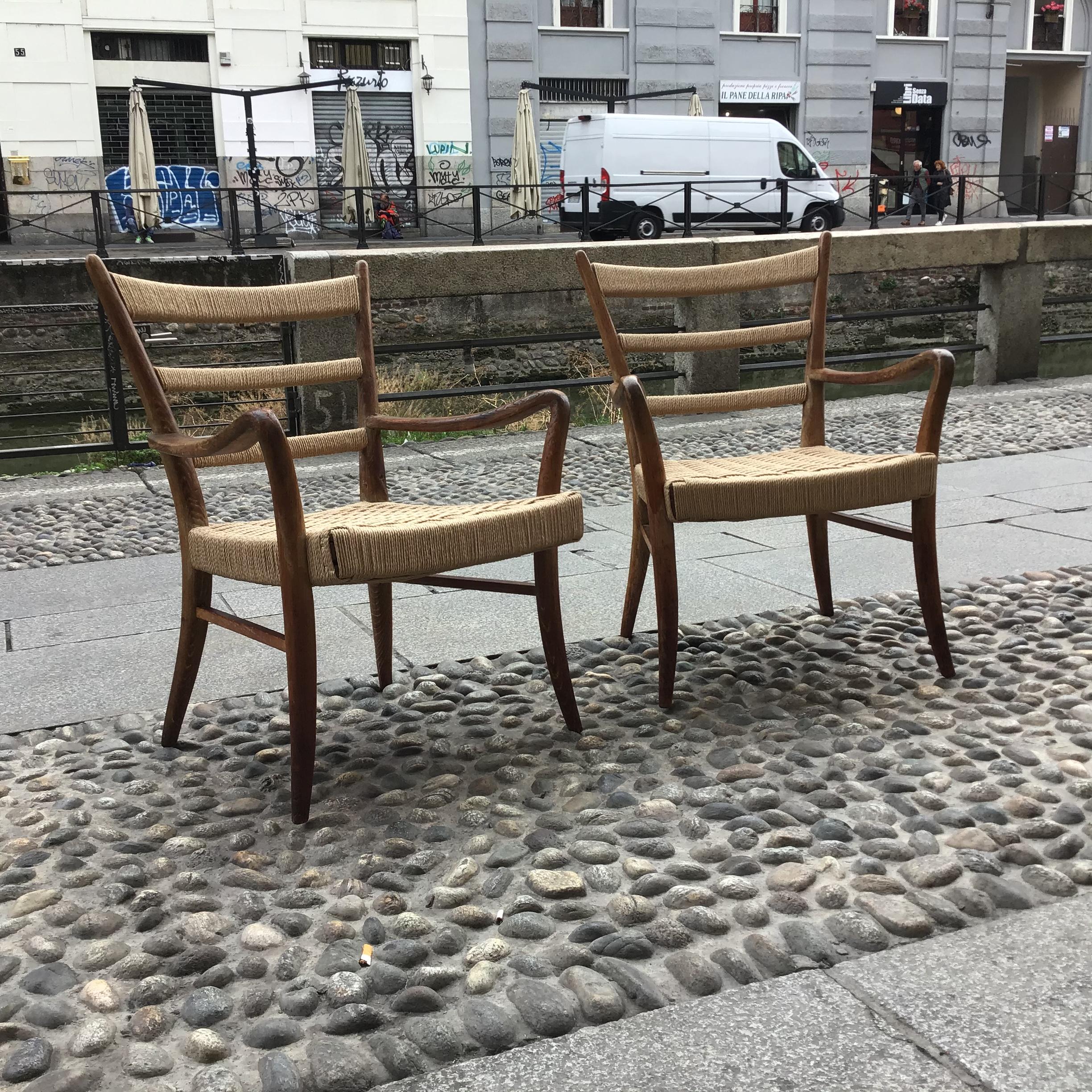 italien Fauteuil Augusto Romano en bois, rembourrage en corde, Italie, 1940  en vente