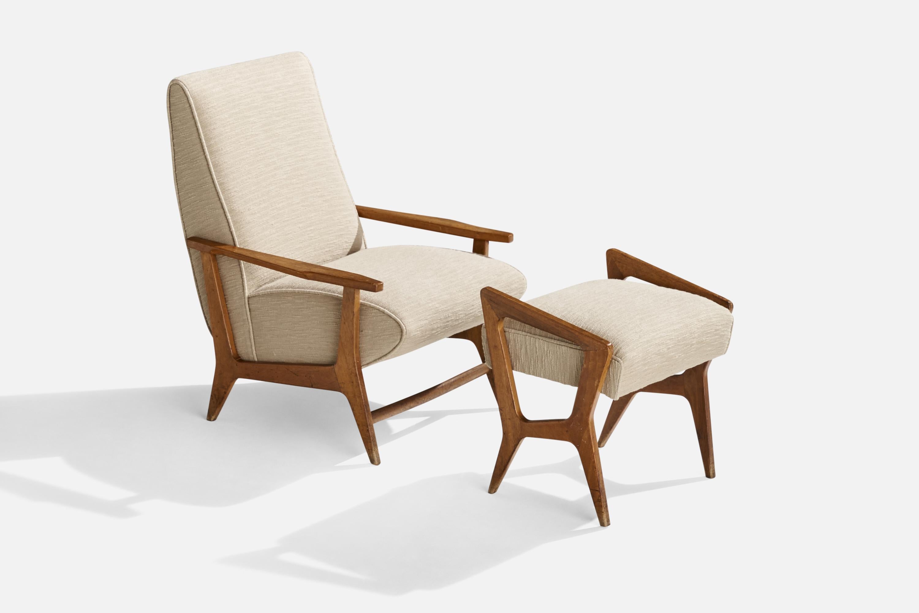 A wood and off-white beige fabric lounge chair with ottoman attributed to Augusto Romano, Italy, c. 1950s.
Seat height: 14”
ottoman: 17.5”H x 19.125”W x 14.5”D