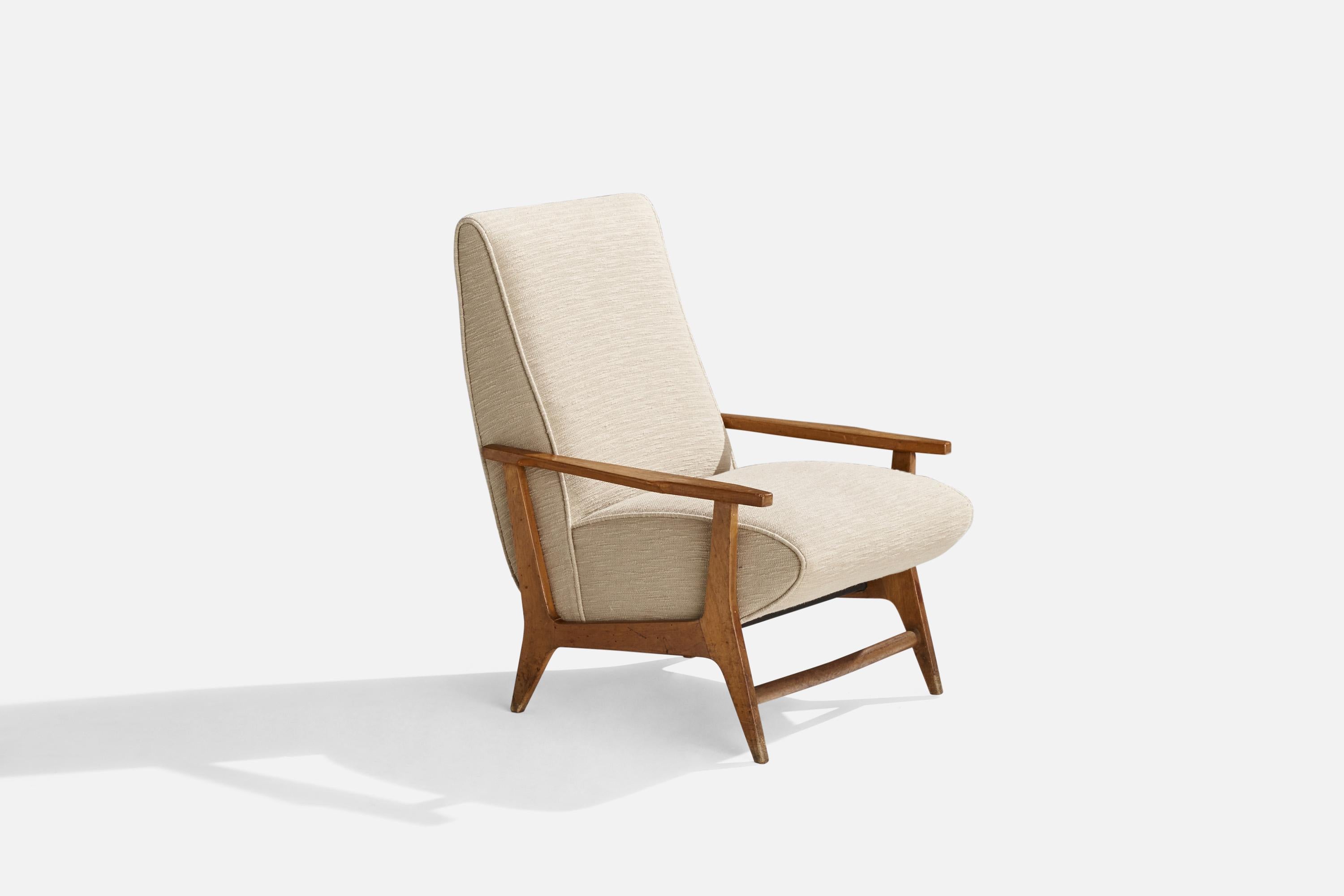 Mid-Century Modern Augusto Romano Attribution, Lounge Chair, Wood, Fabric, Italy, 1950s For Sale