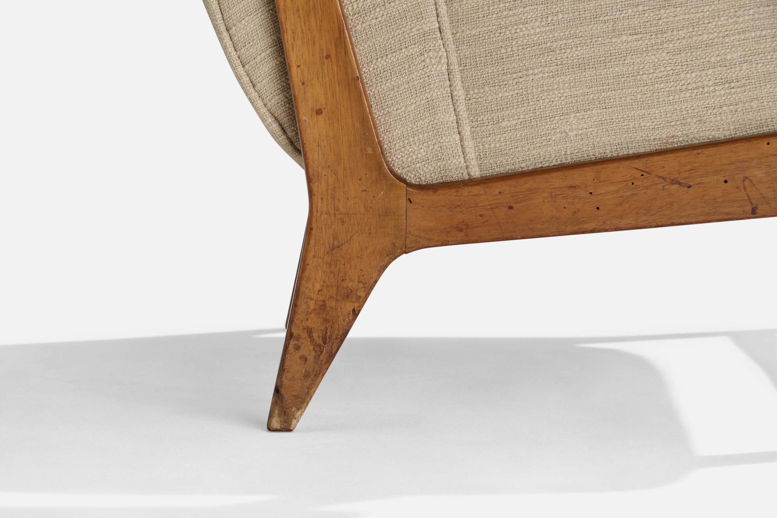 Mid-20th Century Augusto Romano Attribution, Lounge Chair, Wood, Fabric, Italy, 1950s For Sale
