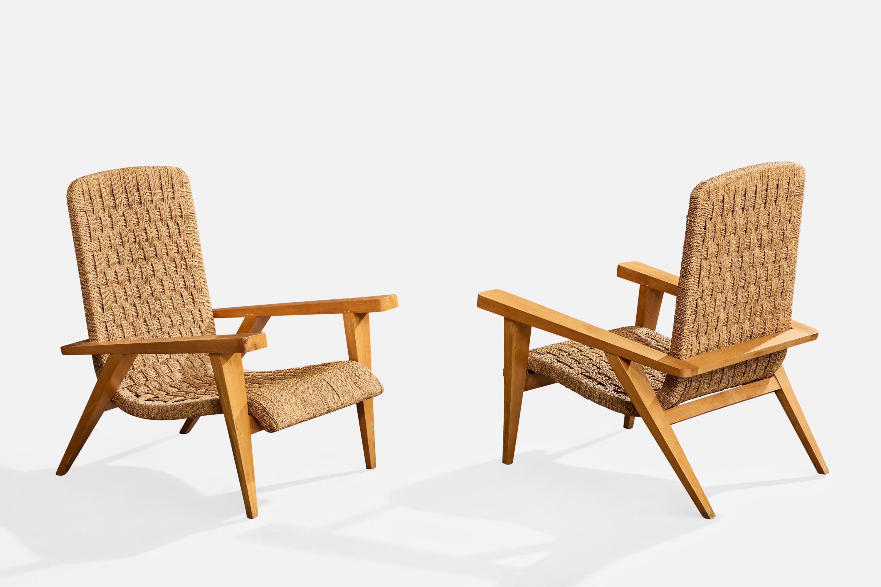 Augusto Romano Atribución, Sillas de salón, Madera, Rush, Italia, Década de 1940 Moderno de mediados de siglo en venta