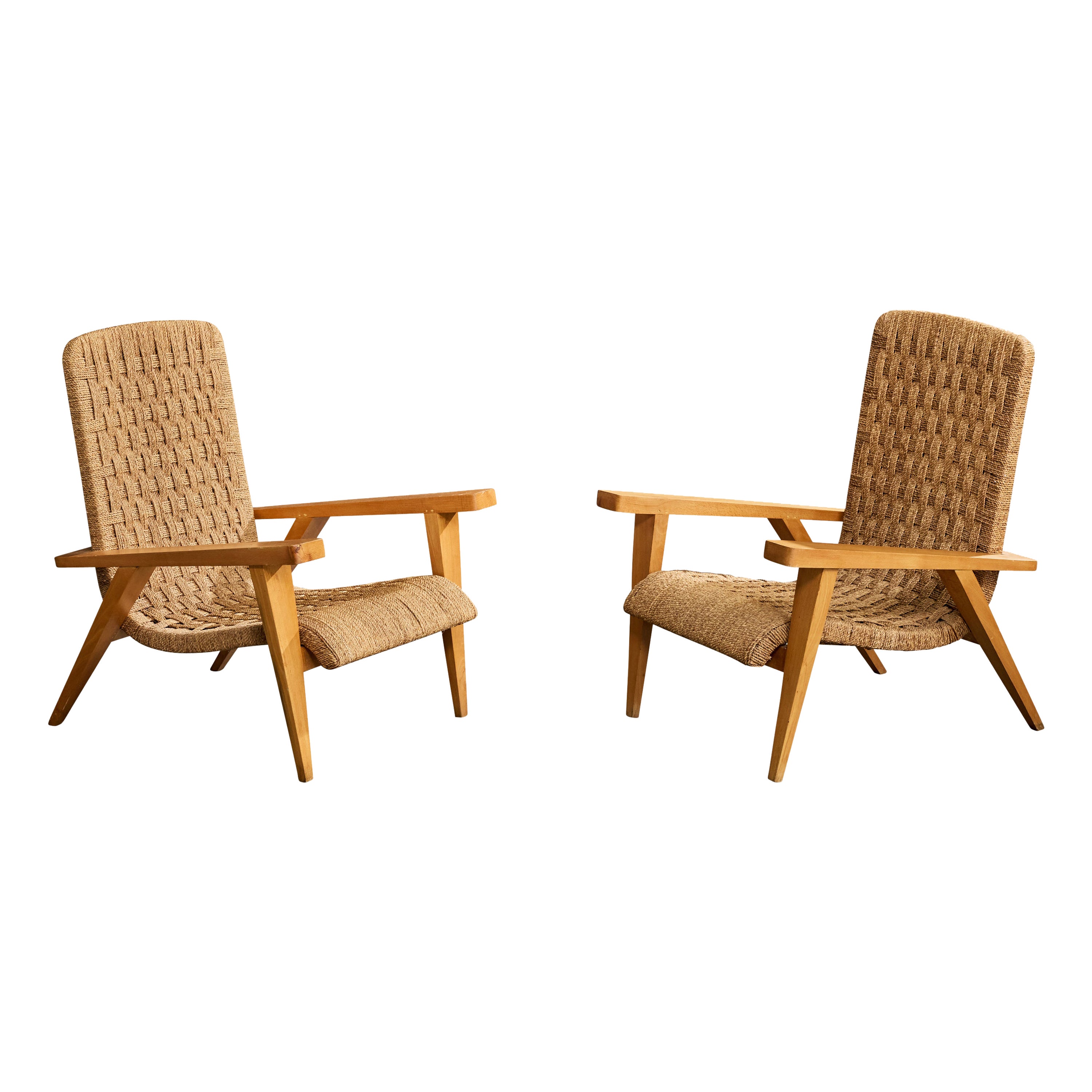 Augusto Romano Attribution, Lounge Chairs, Wood, Rush, Italy, 1940s