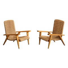Augusto Romano Attribution, Lounge Chairs, Wood, Rush, Italy, 1940s