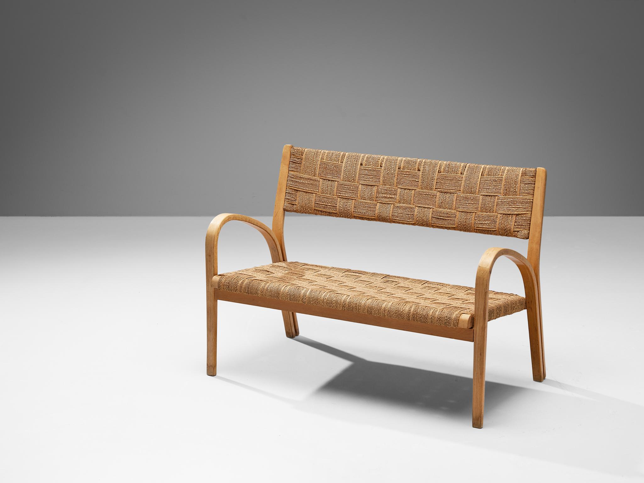 Augusto Romano, bench, beech, braided straw, Italy, circa 1948 

A rare side bench designed by Italian designer Augusto Romano around 1948. A well-executed design that features a frame in wood with a border that is meticulously adorned with braided