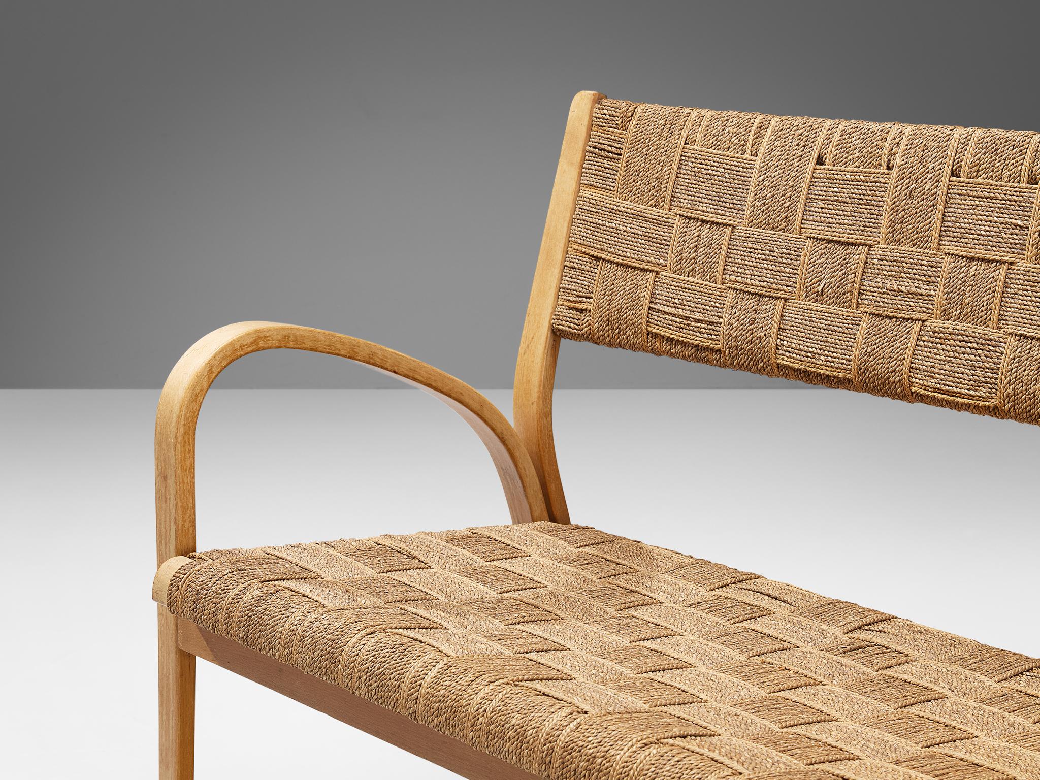 Italian Augusto Romano Bench in Braided Straw and Blond Wood  For Sale