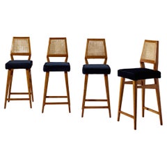 Augusto Romano set of 4 stools in ash wood, fabric and woven straw, Italy, 1950s