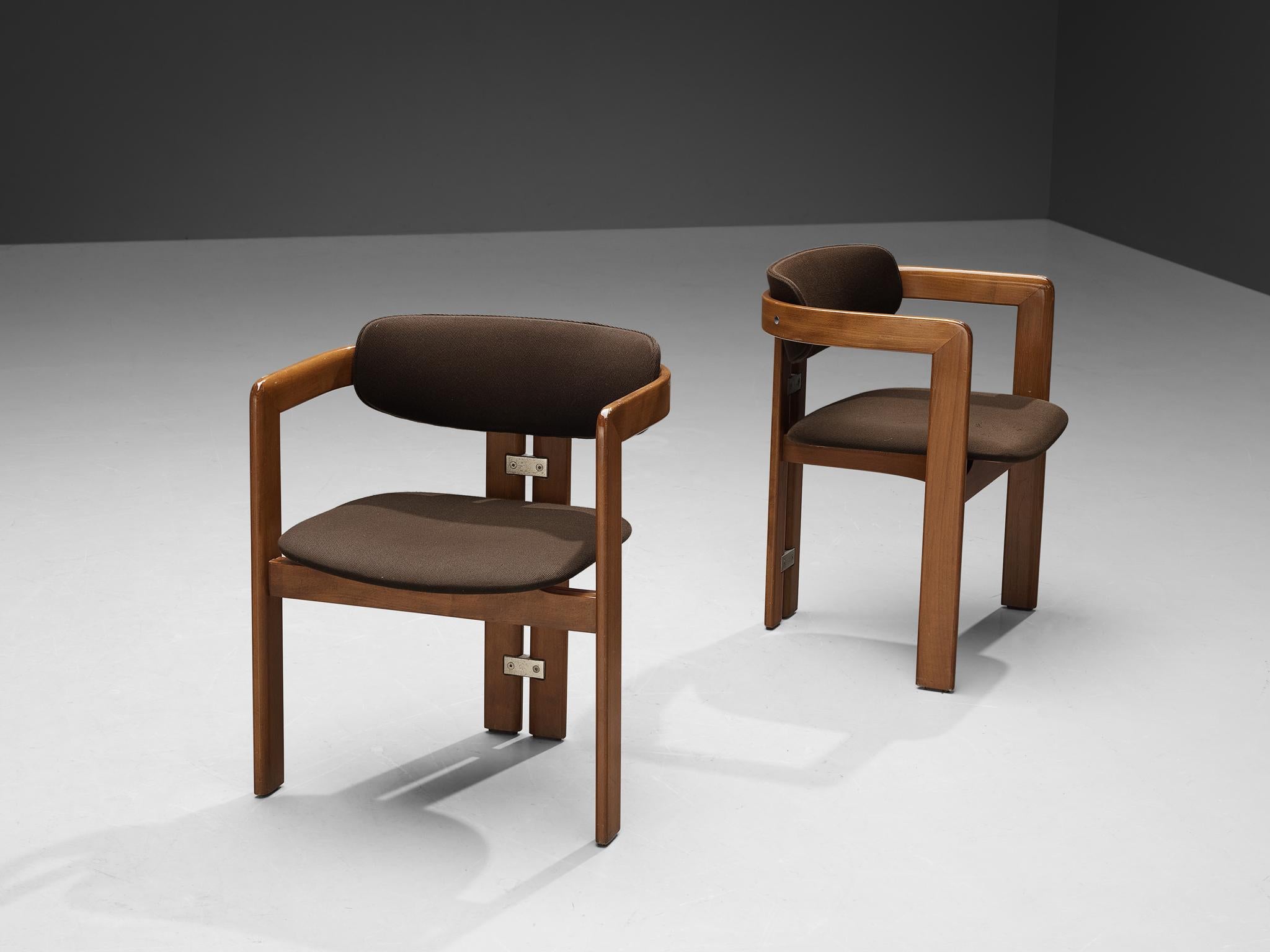 Augusto Savini for Pozzi, pair of 'Pamplona' dining chairs, walnut, fabric upholstery, aluminum, Italy, 1965. 

Pair of armchairs in walnut and brown fabric upholstery. A characteristic design; simplistic yet very strong in lines and proportions.