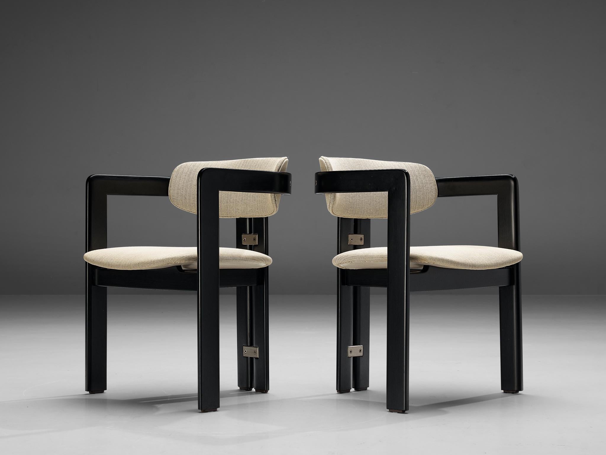Augusto Savini for Pozzi, pair of 'Pamplona' dining chairs, lacquered wood, fabric, aluminum, Italy, 1965

Pamplona armchairs with black lacquered wooden framework and off-white seat and backrest. A characteristic design by Augusto Savini for Pozzi;