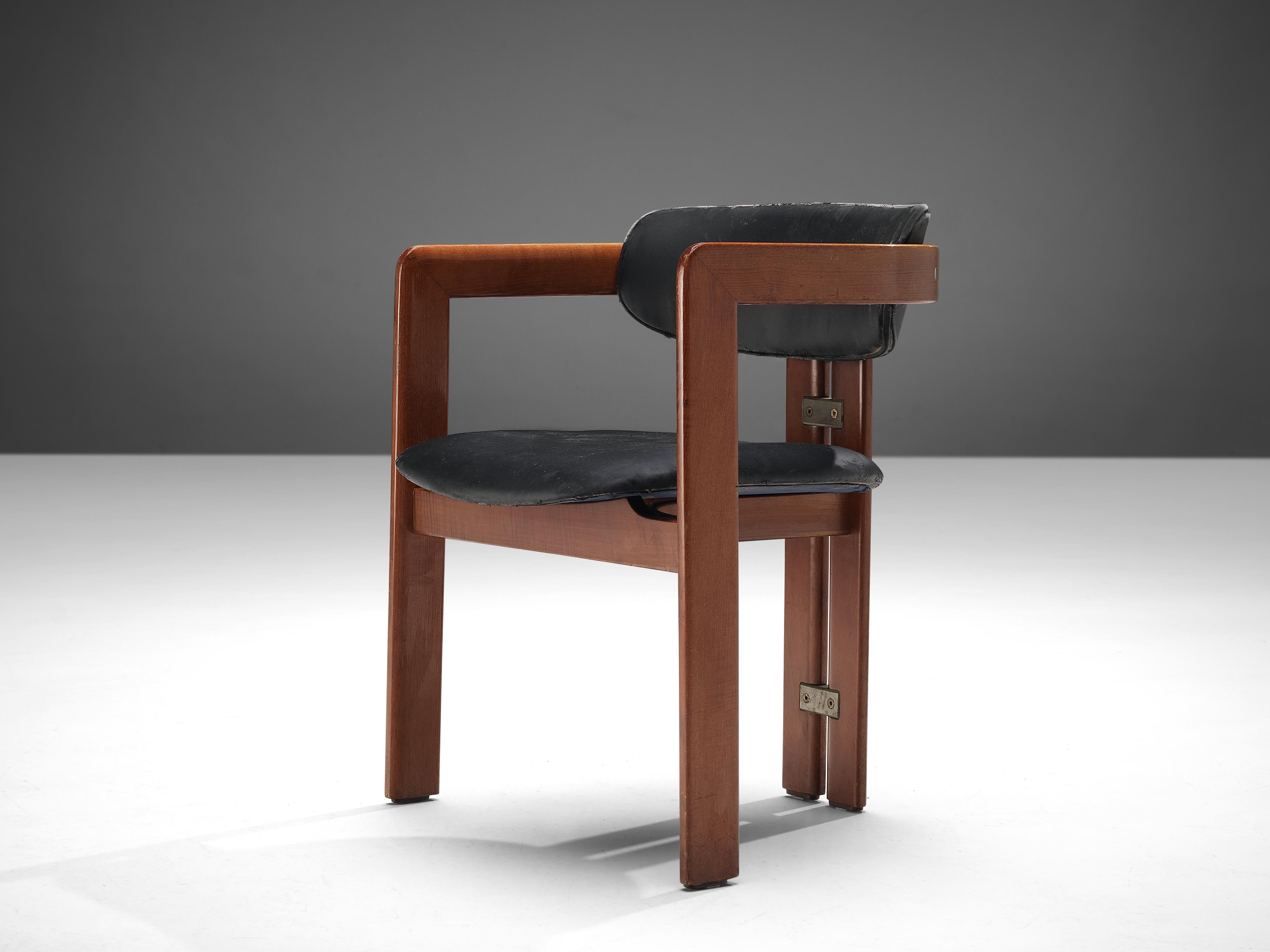 Augusto Savini for Pozzi, dining chairs model 'Pamplona', wood, upholstery, aluminum, Italy, designed in 1965 

'Pamplona' armchairs in ash and dark upholstery. A characteristic design; simplistic yet very strong in lines and proportions.