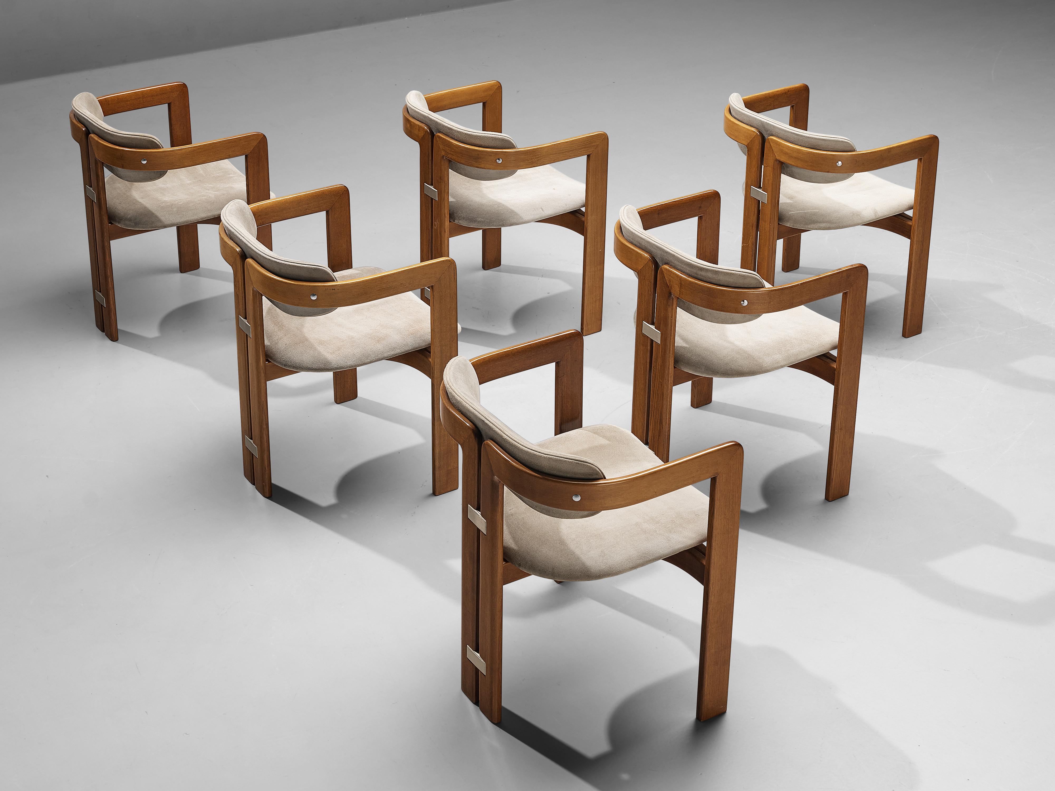 Augusto Savini for Pozzi, dining chairs model 'Pamplona', ash, suede, aluminum, Italy, designed in 1965 

'Pamplona' armchairs in ash and suede upholstery. A characteristic design; simplistic yet very strong in lines and proportions. Wonderful