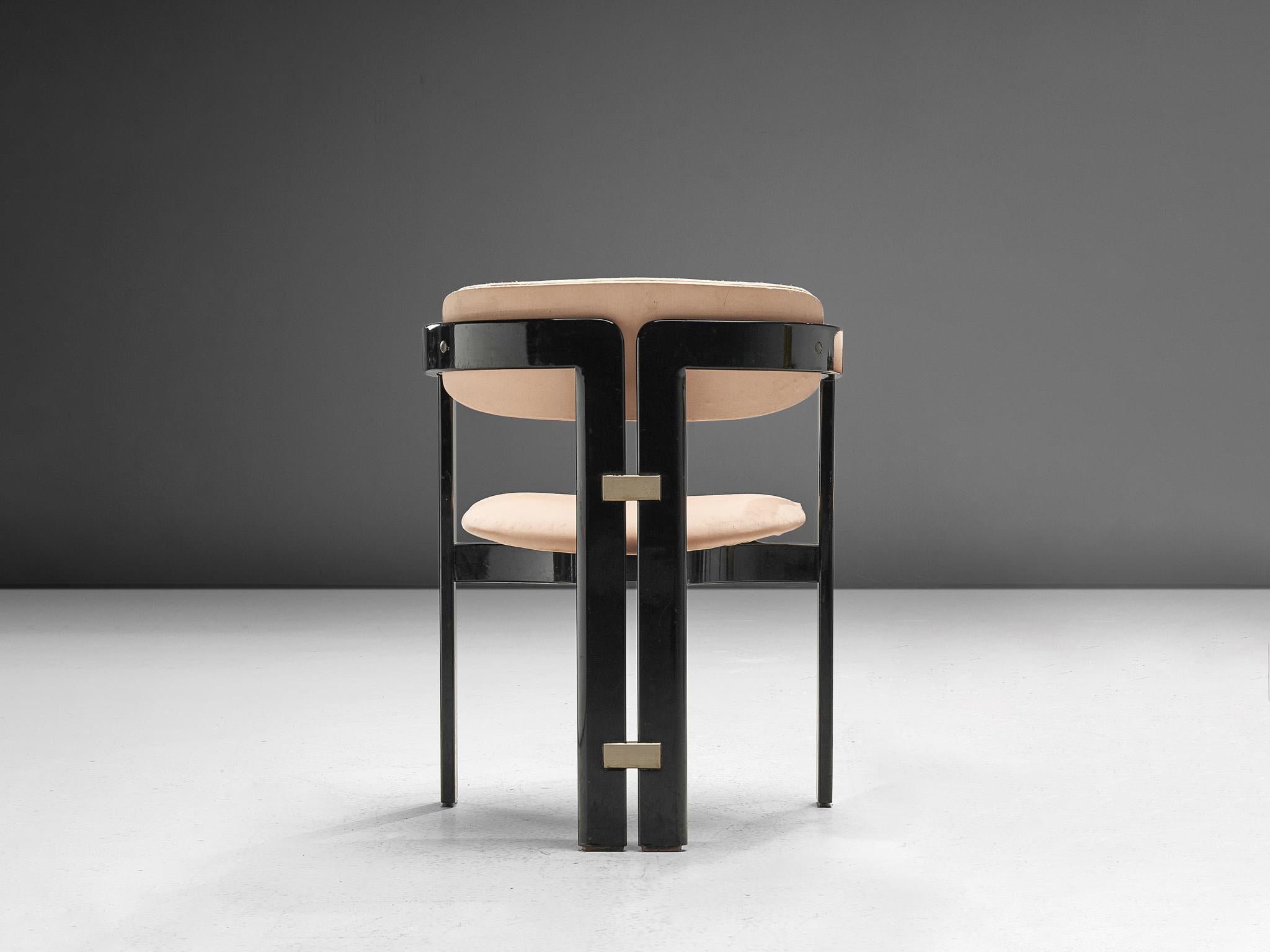 Augusto Savini for Pozzi, 'Pamplona' dining room chair, ebonized ashwood, pink fabric, Italy, design 1965

Iconic 'Pamplona' armchair in black lacquered ash and soft pink upholstery. A characteristic design by Augusto Savini; simplistic yet very