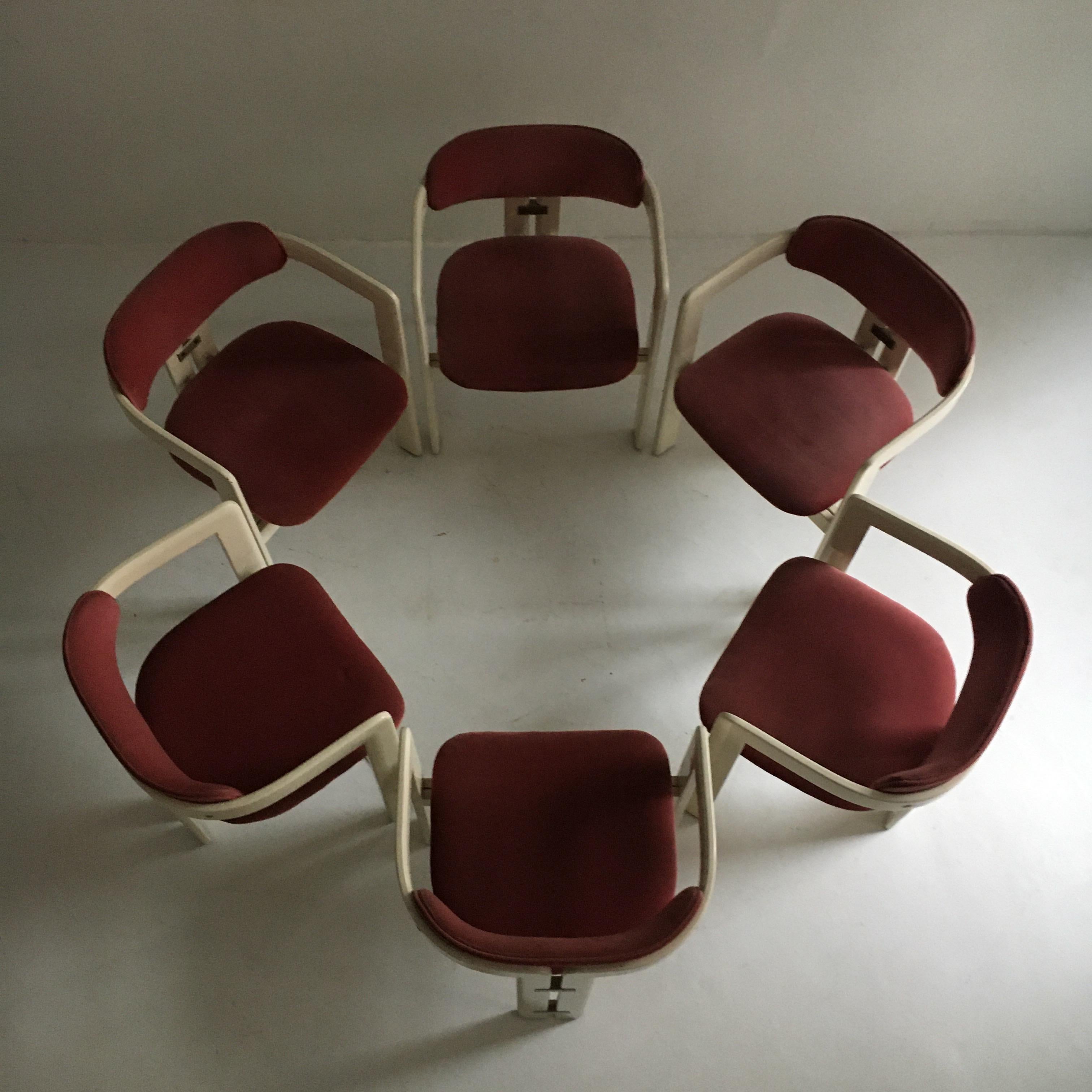 Augusto Savini 'Pamplona' set of six dining chairs in original fabric by Pozzi, Italy, 1965.