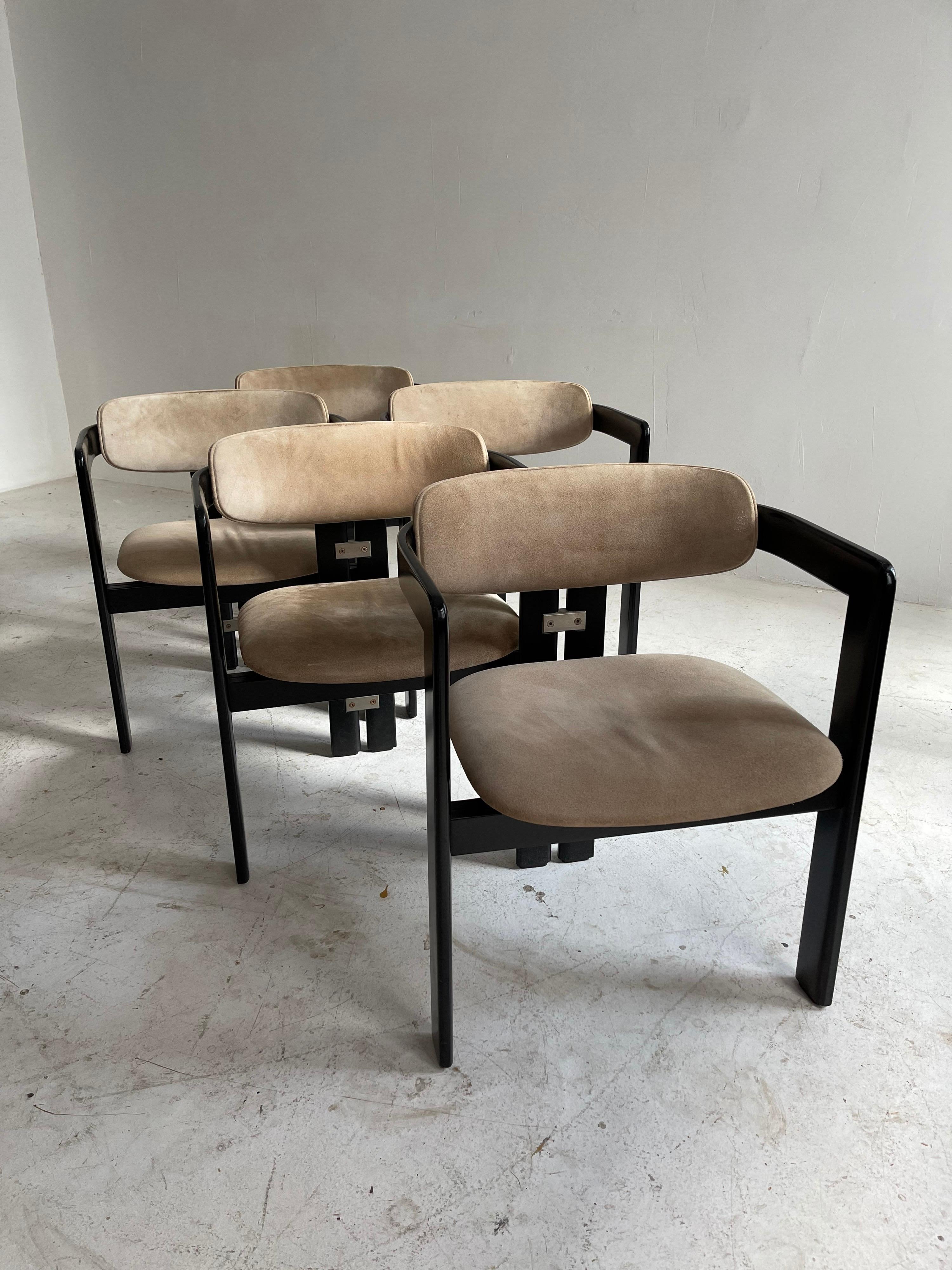 Mid-Century Modern Augusto Savini Pamplona Suede Leather Set 5 Dining Chairs by Pozzi, Italy 1970