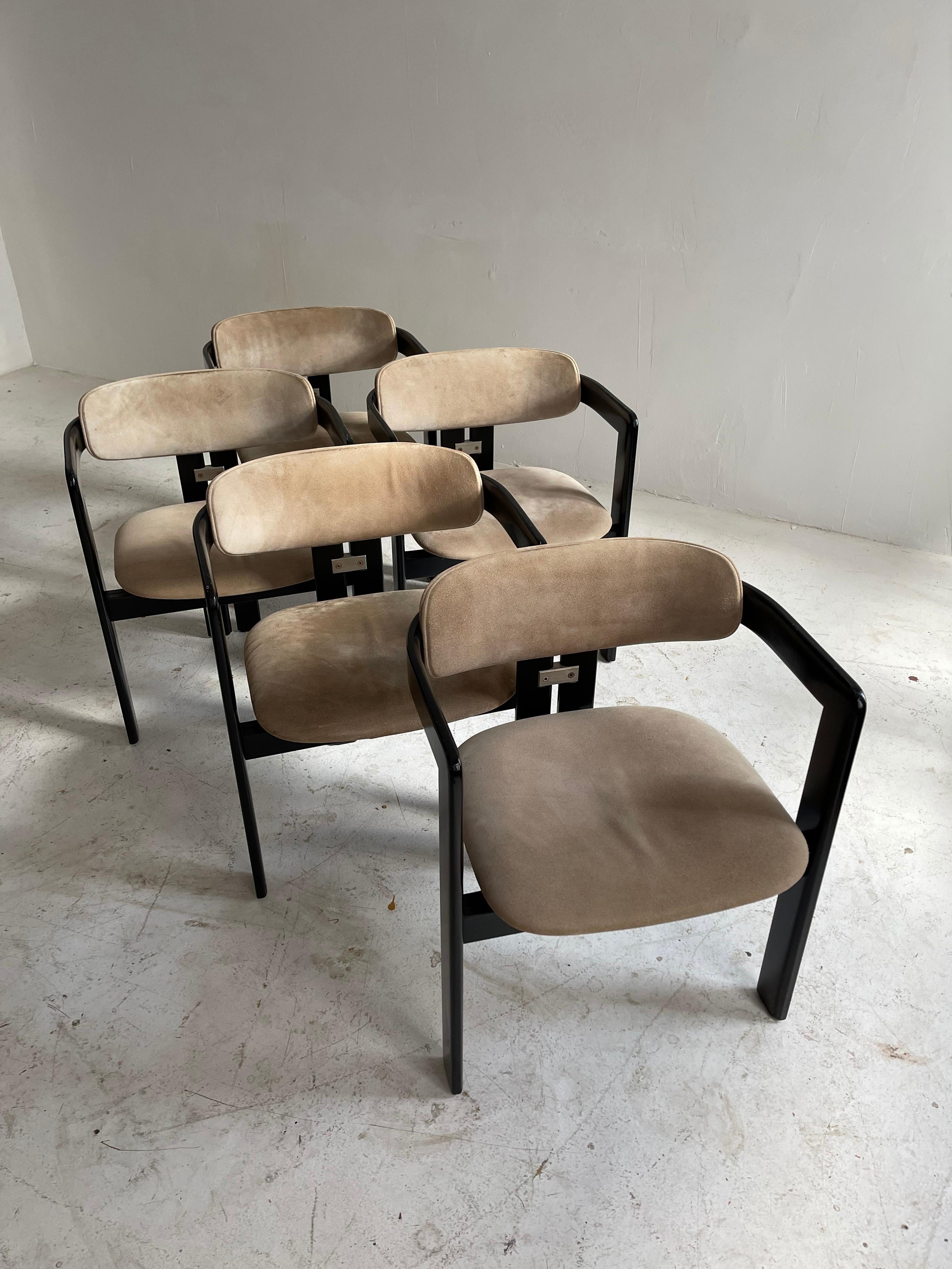 Laccato Augusto Savini Pamplona Suede Leather Set 5 Dining Chairs by Pozzi, Italy 1970