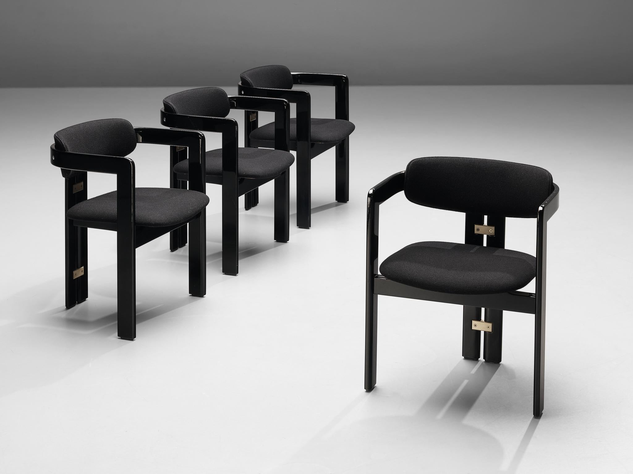 Augusto Savini for Pozzi, set of four 'Pamplona' dining chairs, black lacquered wood, black fabric upholstery, aluminium, Italy, 1965 

Set of four armchairs in black lacquered wood and black fabric upholstery. A characteristic design; simplistic