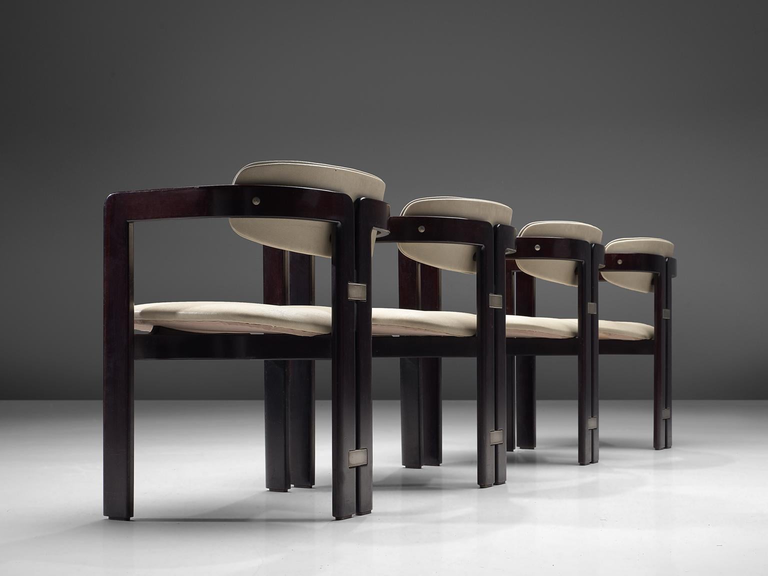 Augusto Savini for Pozzi, set of 4 ‘Pamplona’ armchairs, sand colored leather, ashwood, metal, Italy, 1960s.

Set of four armchairs in high gloss stained ash wood and white-sand leather. The chairs have a unique and characteristic design; simplistic