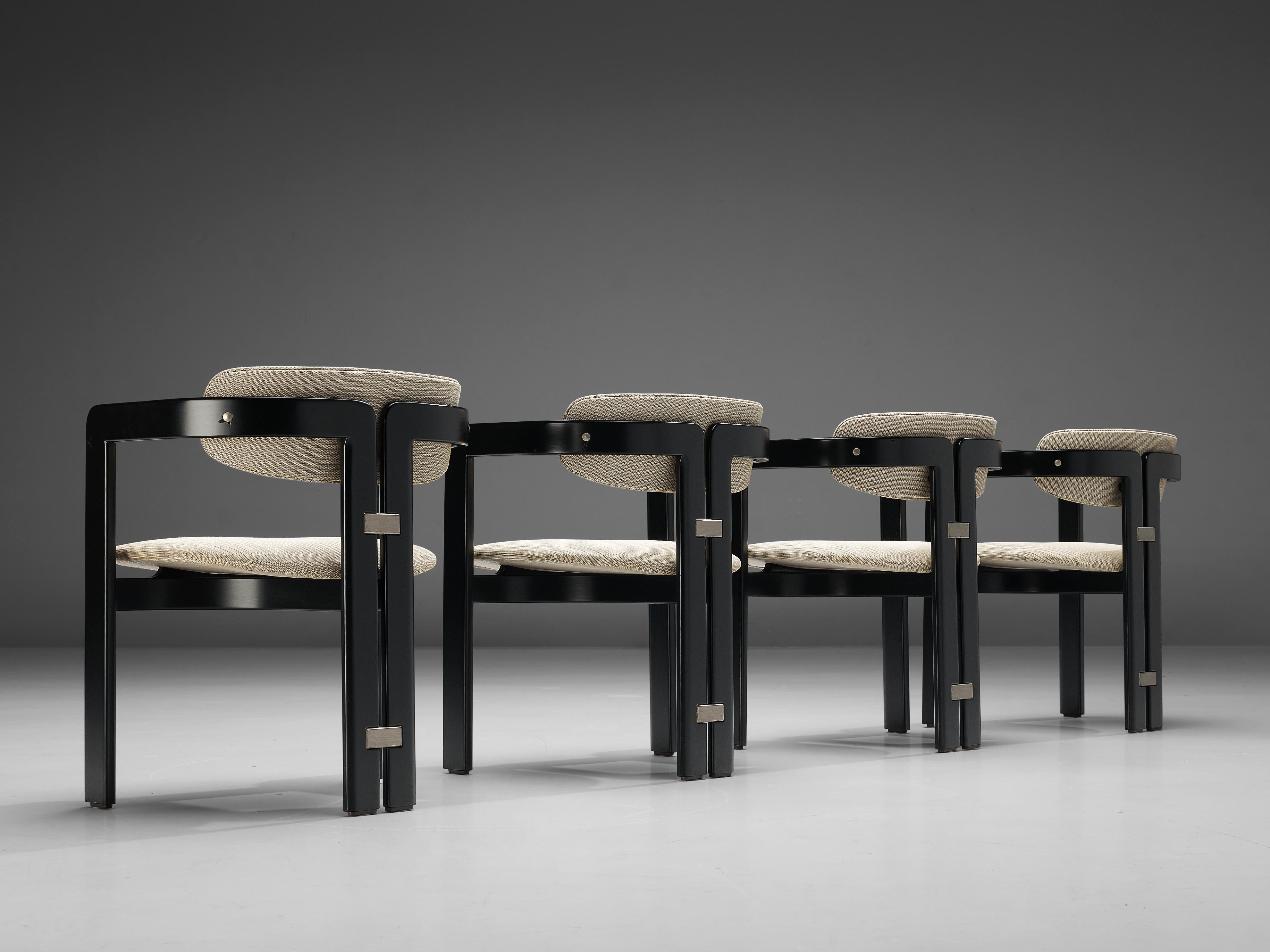Augusto Savini for Pozzi, 'Pamplona' dining chairs, wood, fabric, aluminum, Italy, 1965

Armchairs in black wood and white upholstery. A characteristic design, simplistic yet very strong in lines and proportions. Wonderful dynamic frame, starting