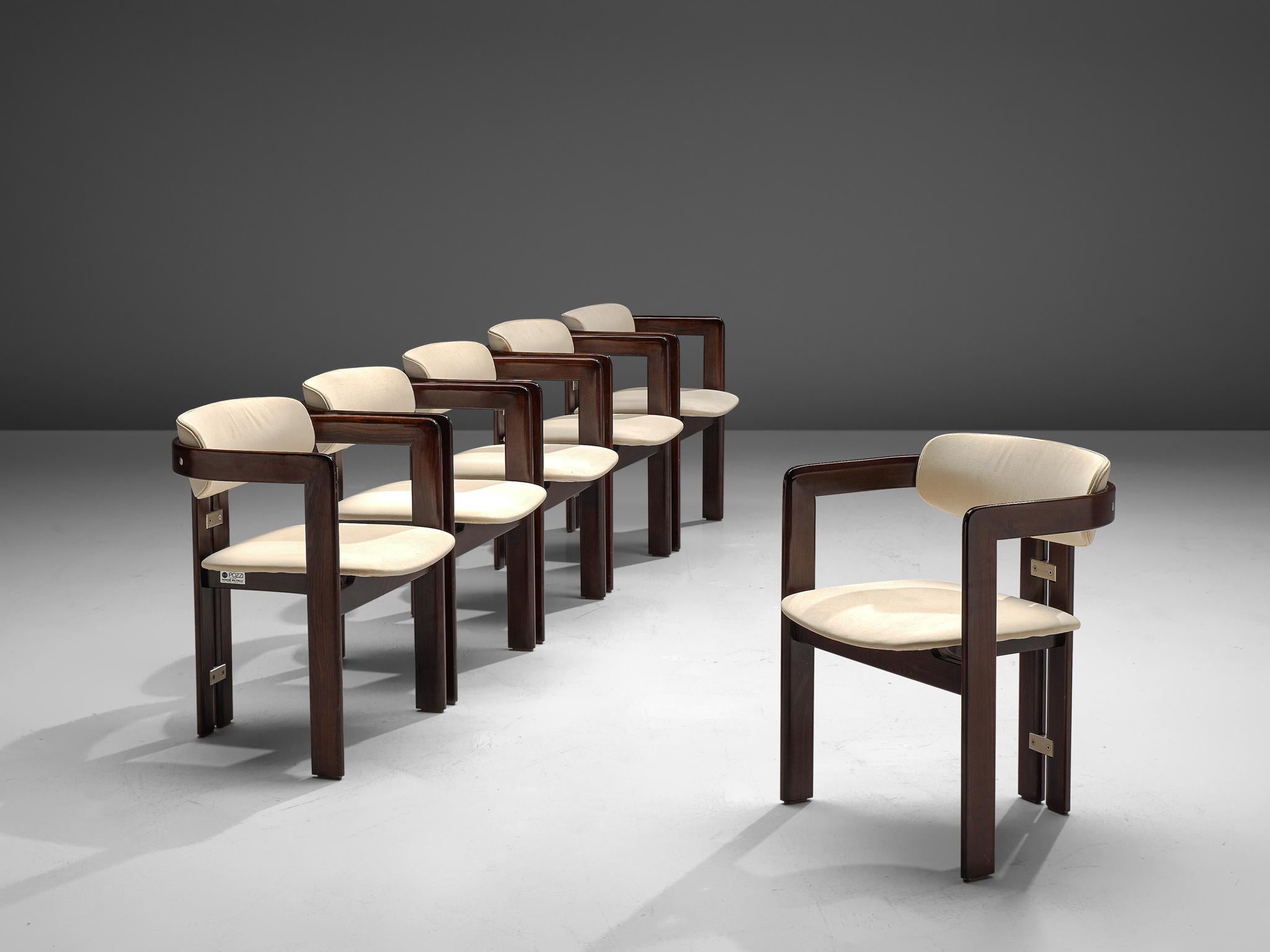 Augusto Savini for Pozzi, set of 6 ‘Pamplona’ armchairs, fabric, ashwood, metal, Italy, 1960s.

Set of six armchairs in high gloss stained ashwood and crème fabric. The chairs have a unique and characteristic design, simplistic yet very