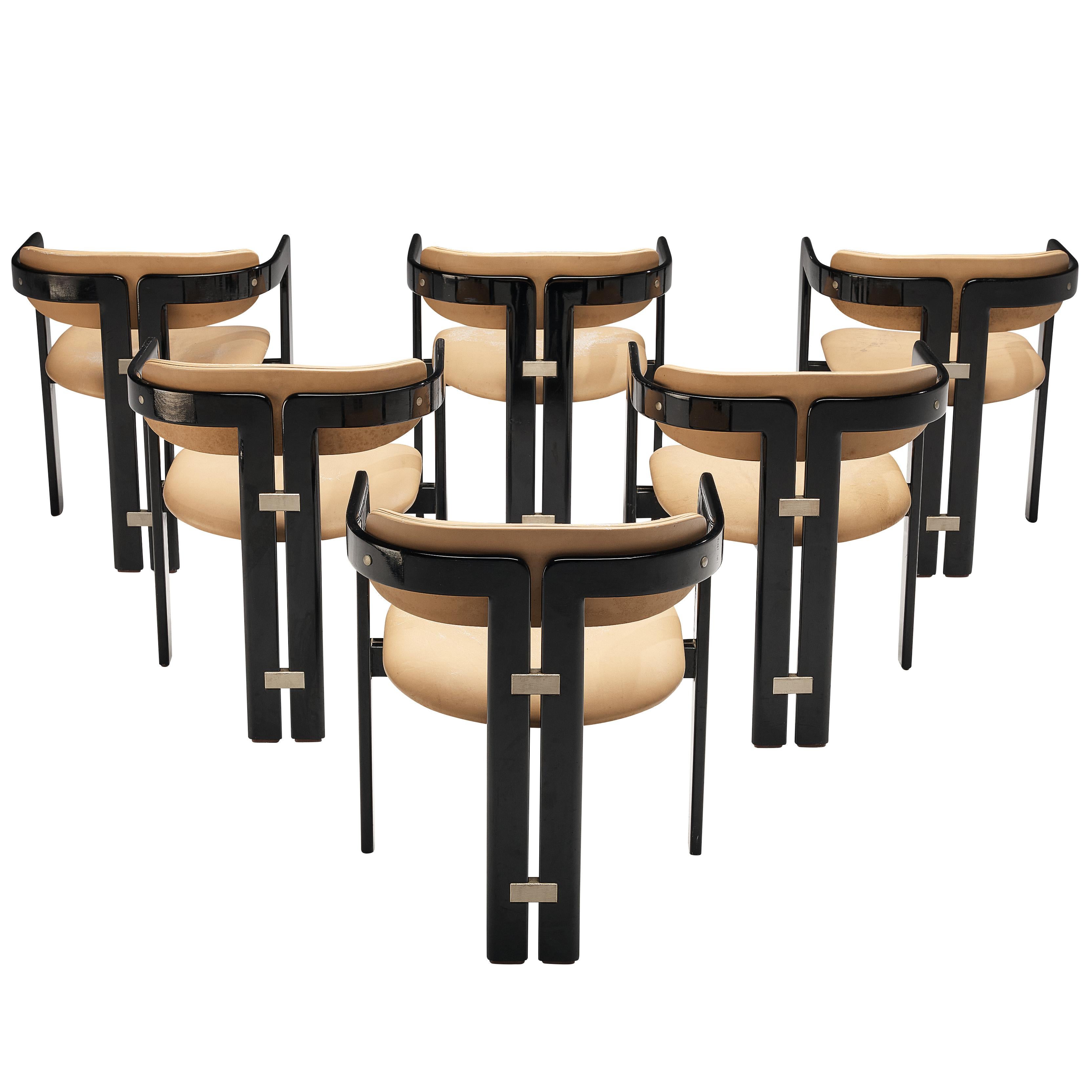 Augusto Savini for Pozzi, set of six 'Pamplona' dining chairs, wood, beige leather, aluminum, Italy, 1965

Set of six armchairs in black lacquered ash and beige leather. A characteristic design; simplistic yet very strong in lines and proportions.