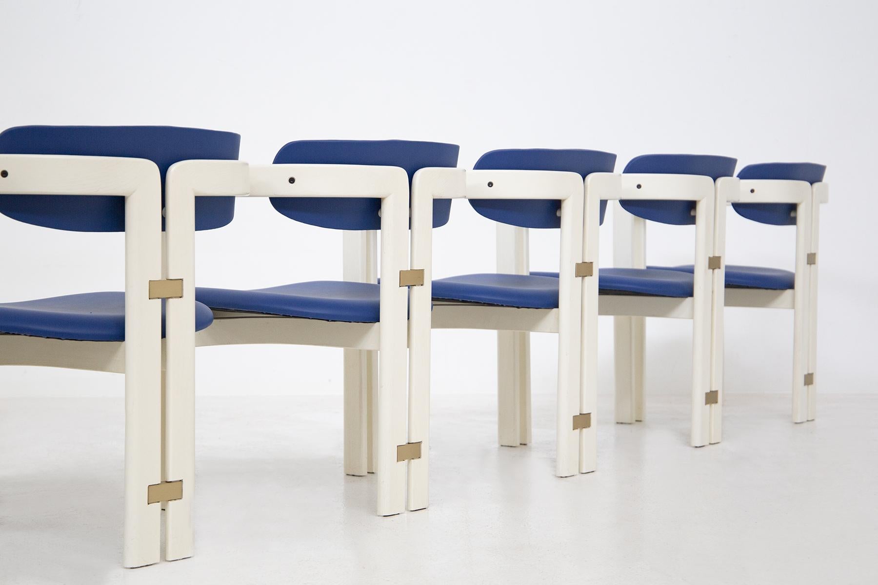 Augusto Savini Six Pamplona Chairs for Pozzi in Lacquered Wood and Blue Leather 4