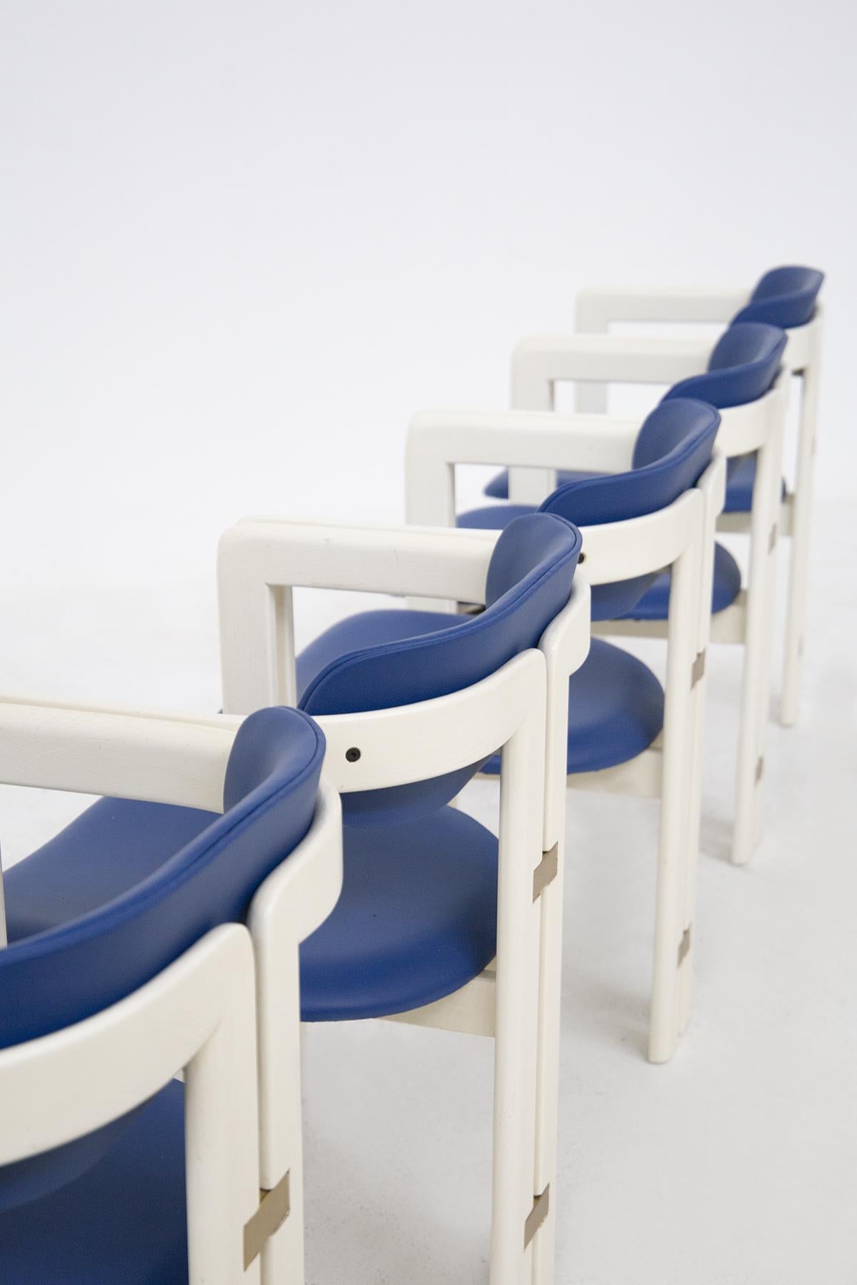 Augusto Savini Six Pamplona Chairs for Pozzi in Lacquered Wood and Blue Leather 6