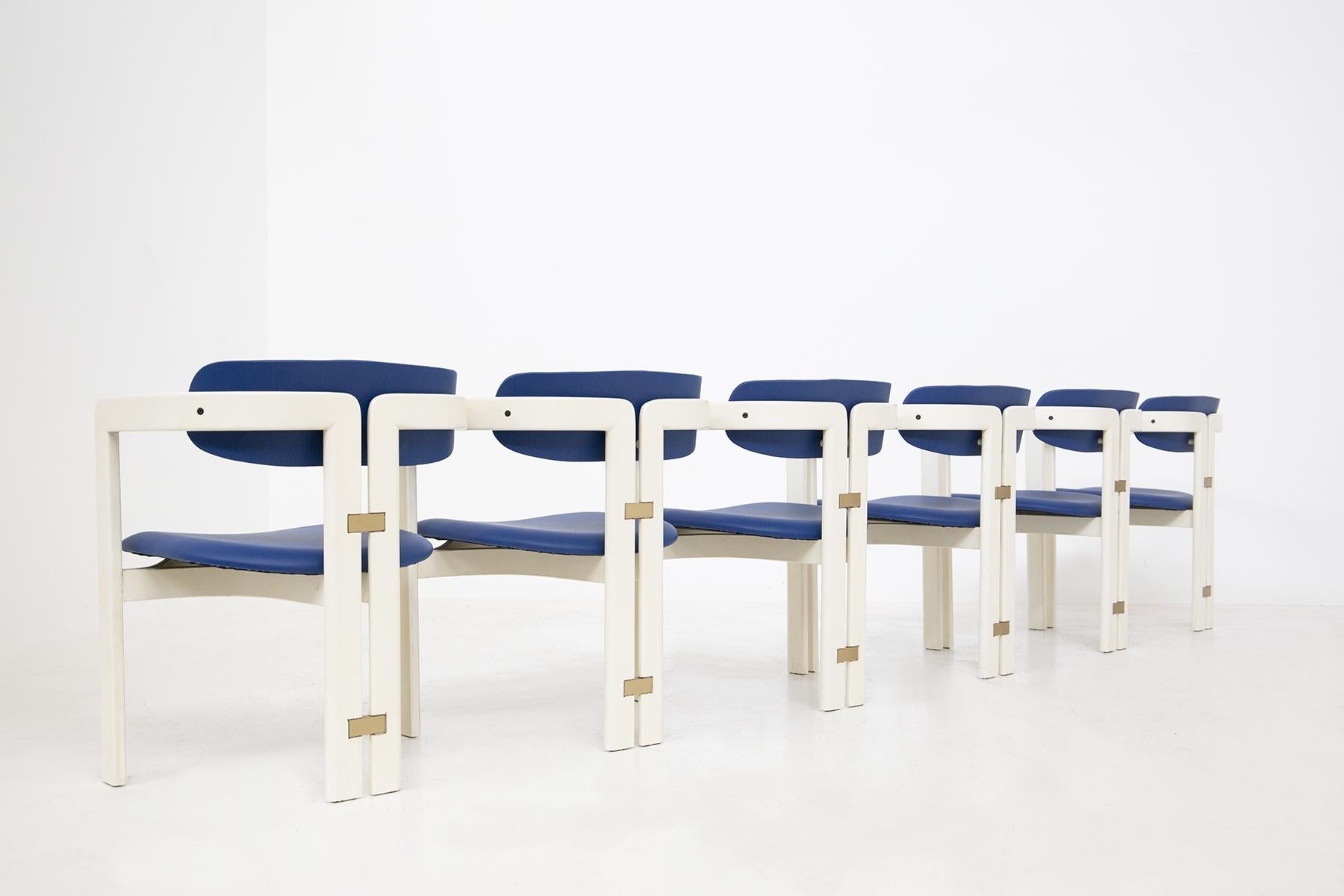 Augusto Savini Six Pamplona Chairs for Pozzi in Lacquered Wood and Blue Leather 7