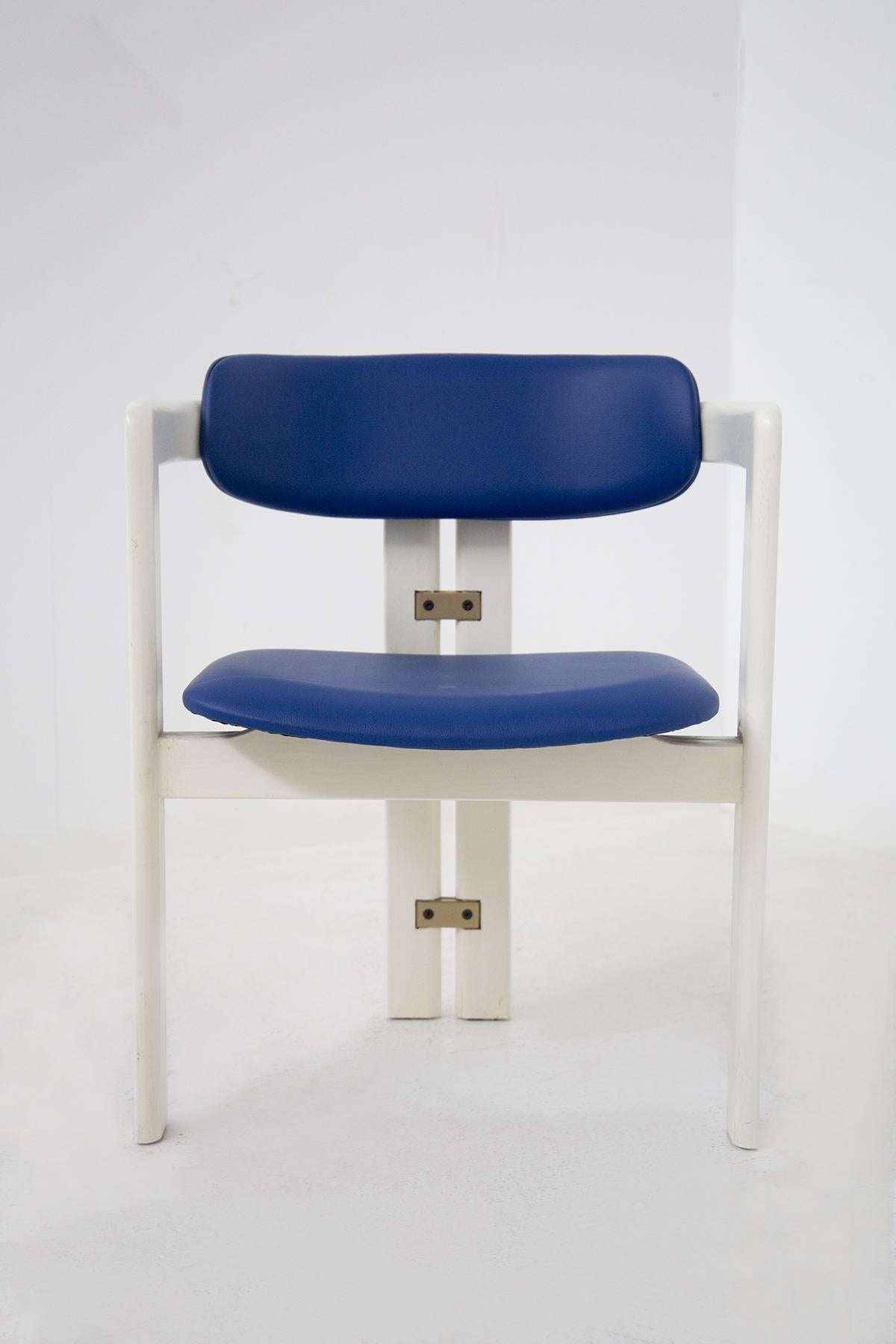 Mid-Century Modern Augusto Savini Six Pamplona Chairs for Pozzi in Lacquered Wood and Blue Leather