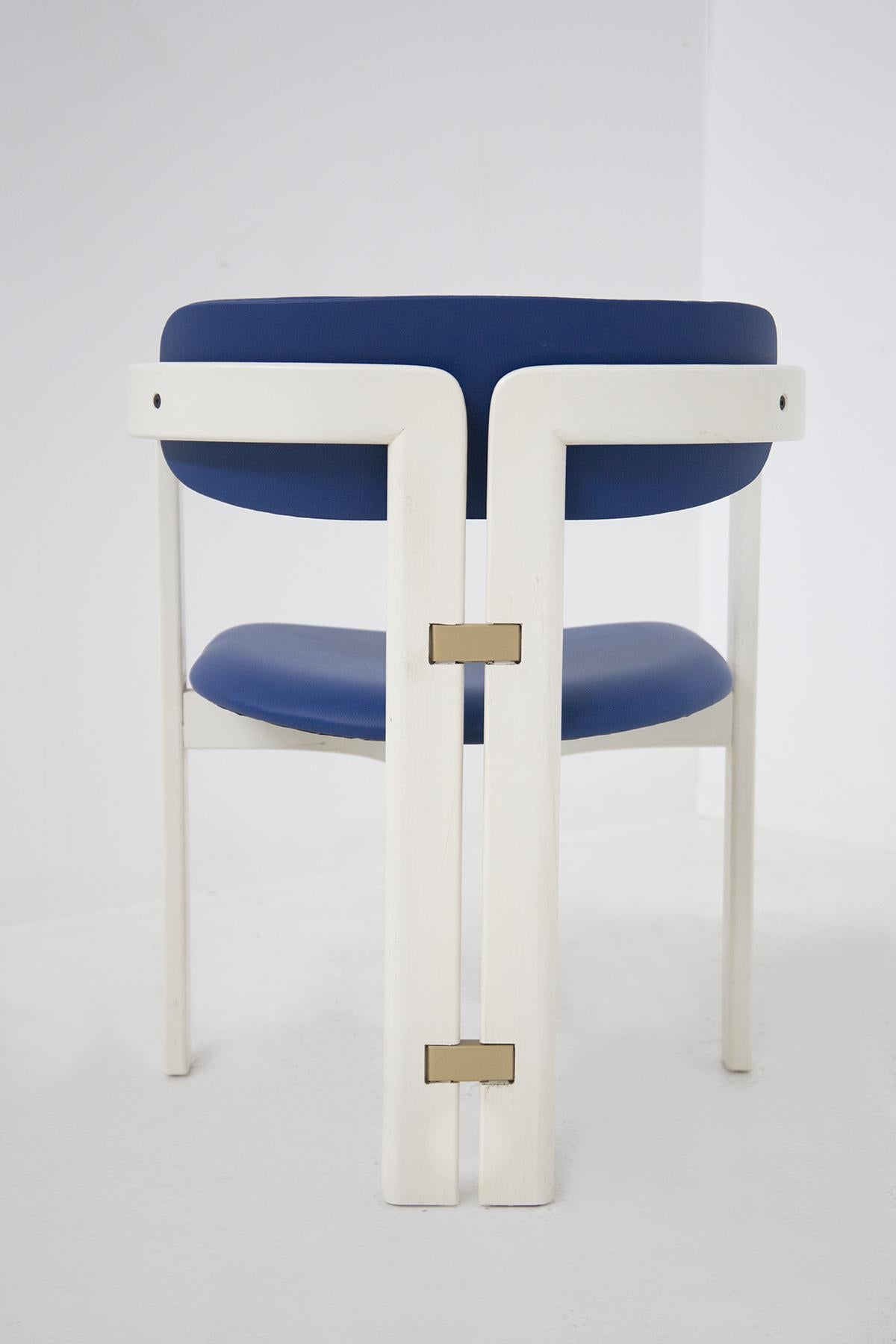 Italian Augusto Savini Six Pamplona Chairs for Pozzi in Lacquered Wood and Blue Leather