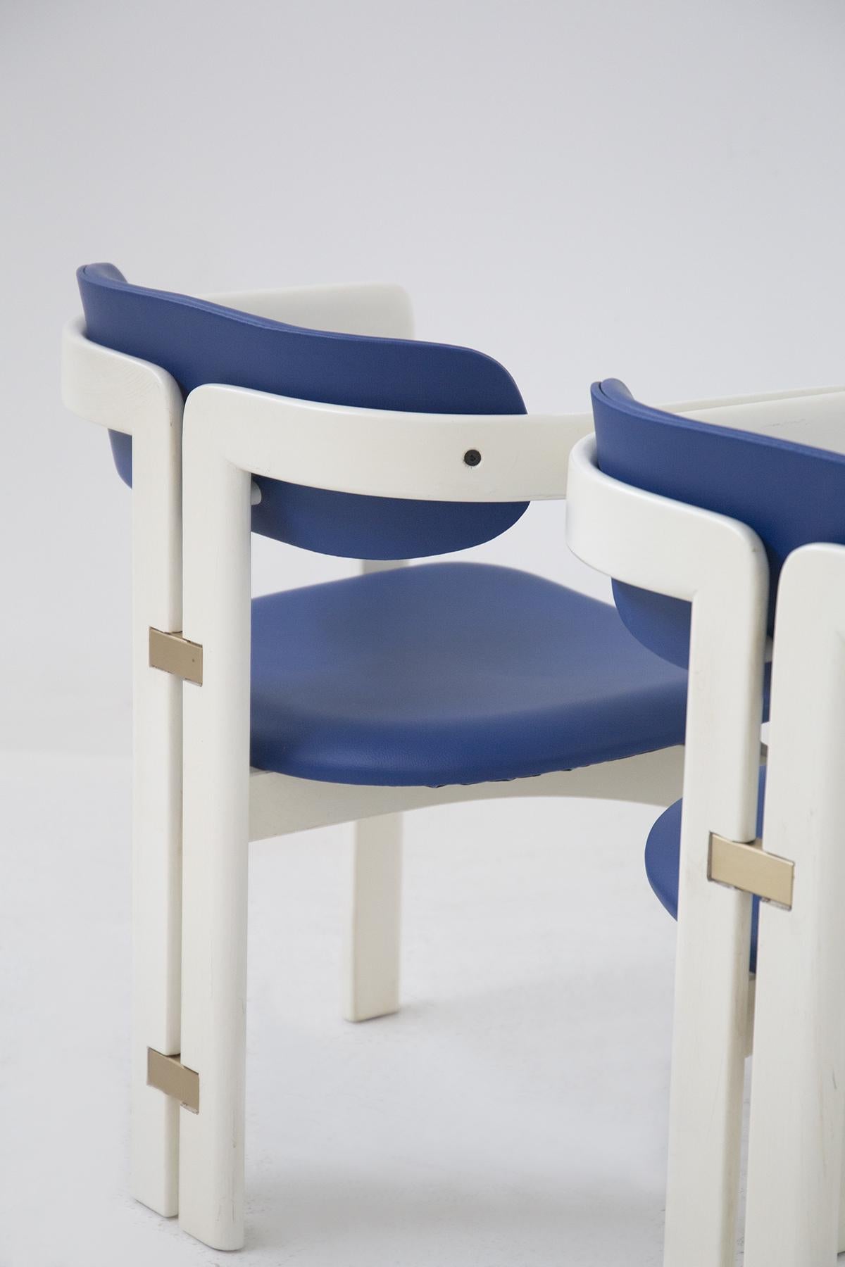 Metal Augusto Savini Six Pamplona Chairs for Pozzi in Lacquered Wood and Blue Leather
