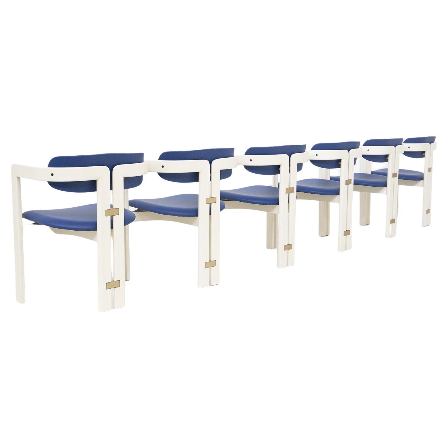 Augusto Savini Six Pamplona Chairs for Pozzi in Lacquered Wood and Blue Leather