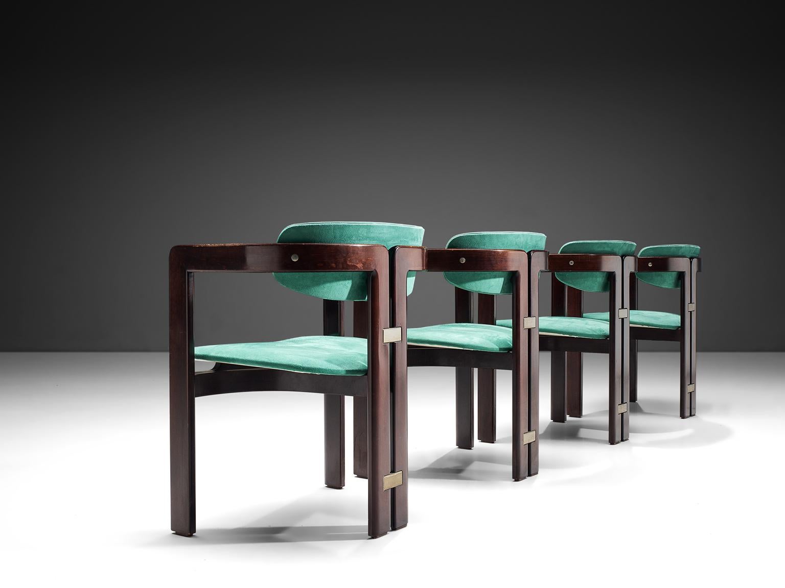 Augusto Savini, set of four 'Pamplona' dining room chairs, stained ashwood and turquoise fabric, by for Pozzi, Italy, 1965. 

Set of four armchairs in darkened and lacquered ash and green-blue suede inspired upholstery. A characteristic design;