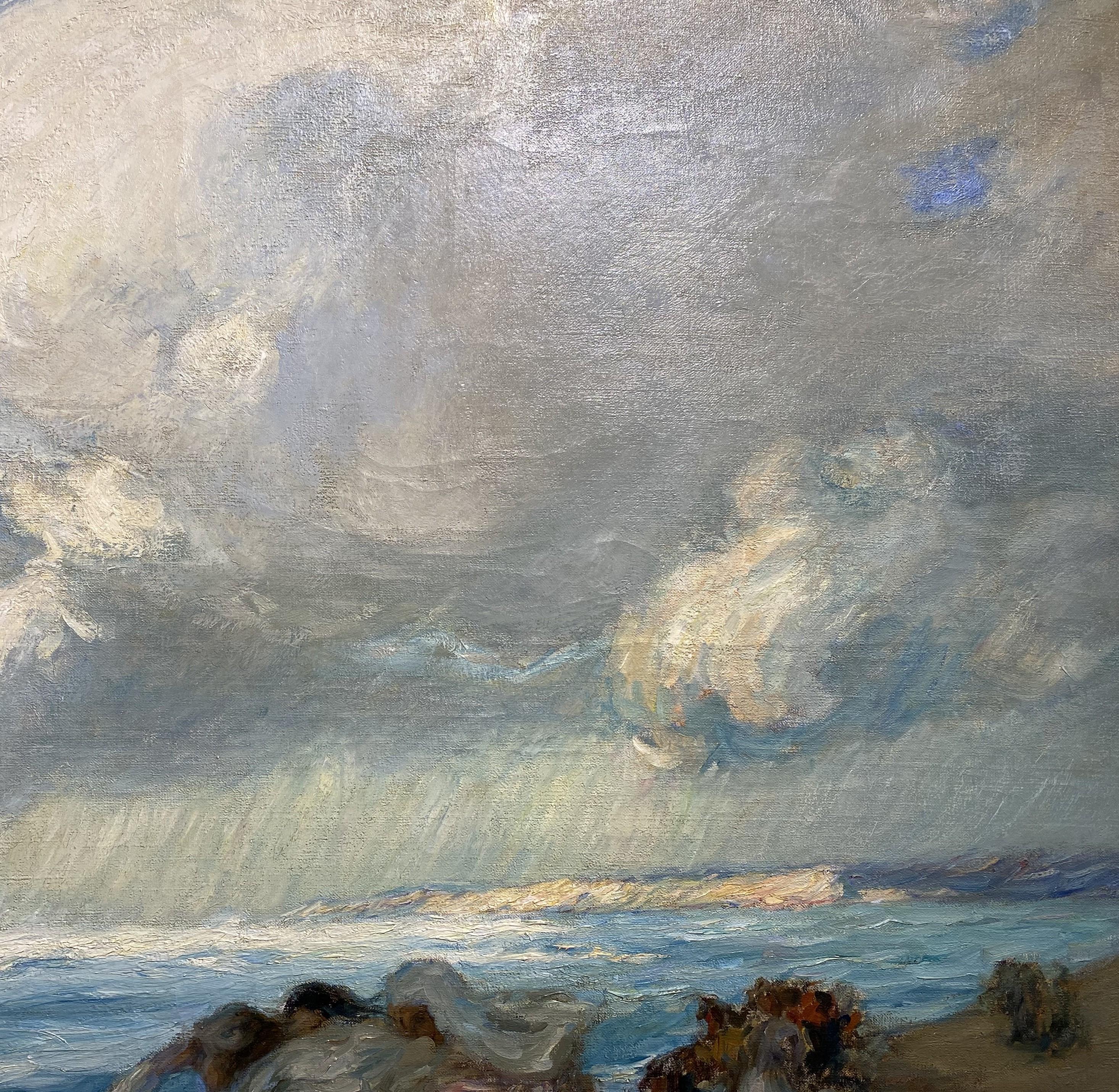 An exceptional impressionist beachside scene with figures and powerful clouds by American artist Augustus B. Koopman (1869-1914). Koopman was born in Charlotte, North Carolina, initially studied at the Pennsylvania Academy of Fine arts, and going on