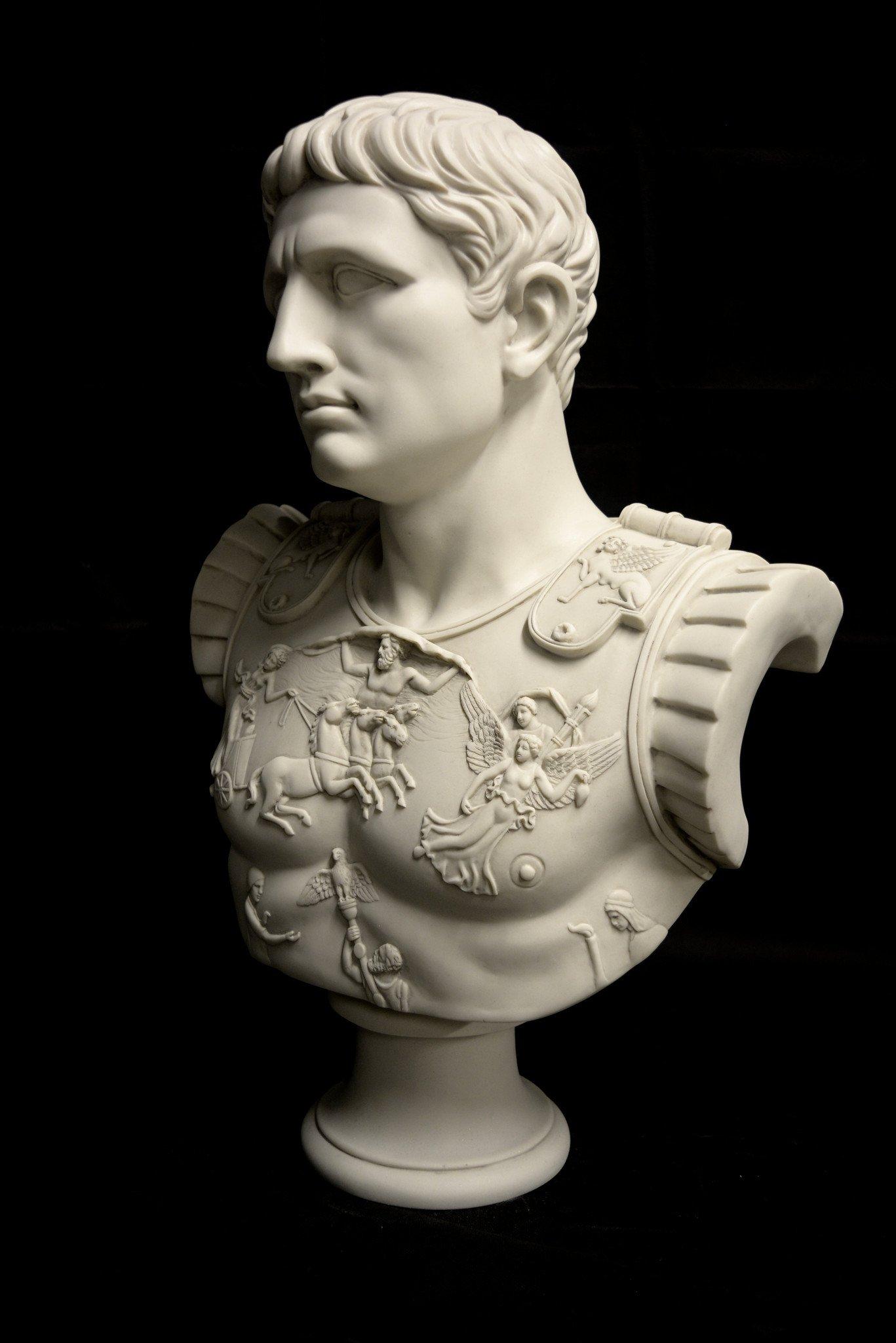 A stunning Augustus Caesar as Centurion large marble bust, 20th century. 
Augustus Caesar, a bust, wearing Centurion ceremonial armour.
A highly detailed large Roman bust, depicting Emperor Augustus Caesar wearing his Centurion breast plate armour.
