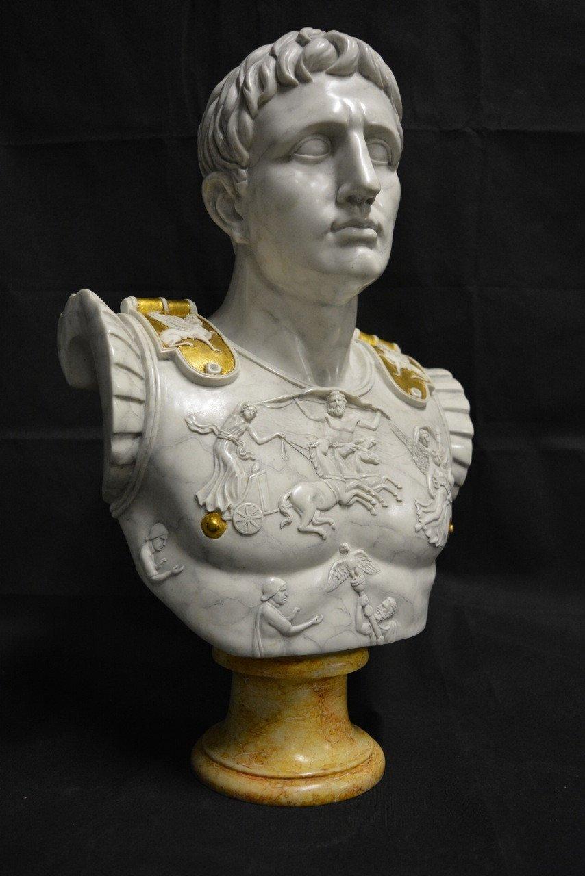 A stunning Augustus Caesar as centurion large marble bust sculpture, 20th century.
Augustus Caesar, finely finished in antique veined Carrara marble, supported by an antique Sienna marble socle.
A highly detailed large Roman bust, depicting