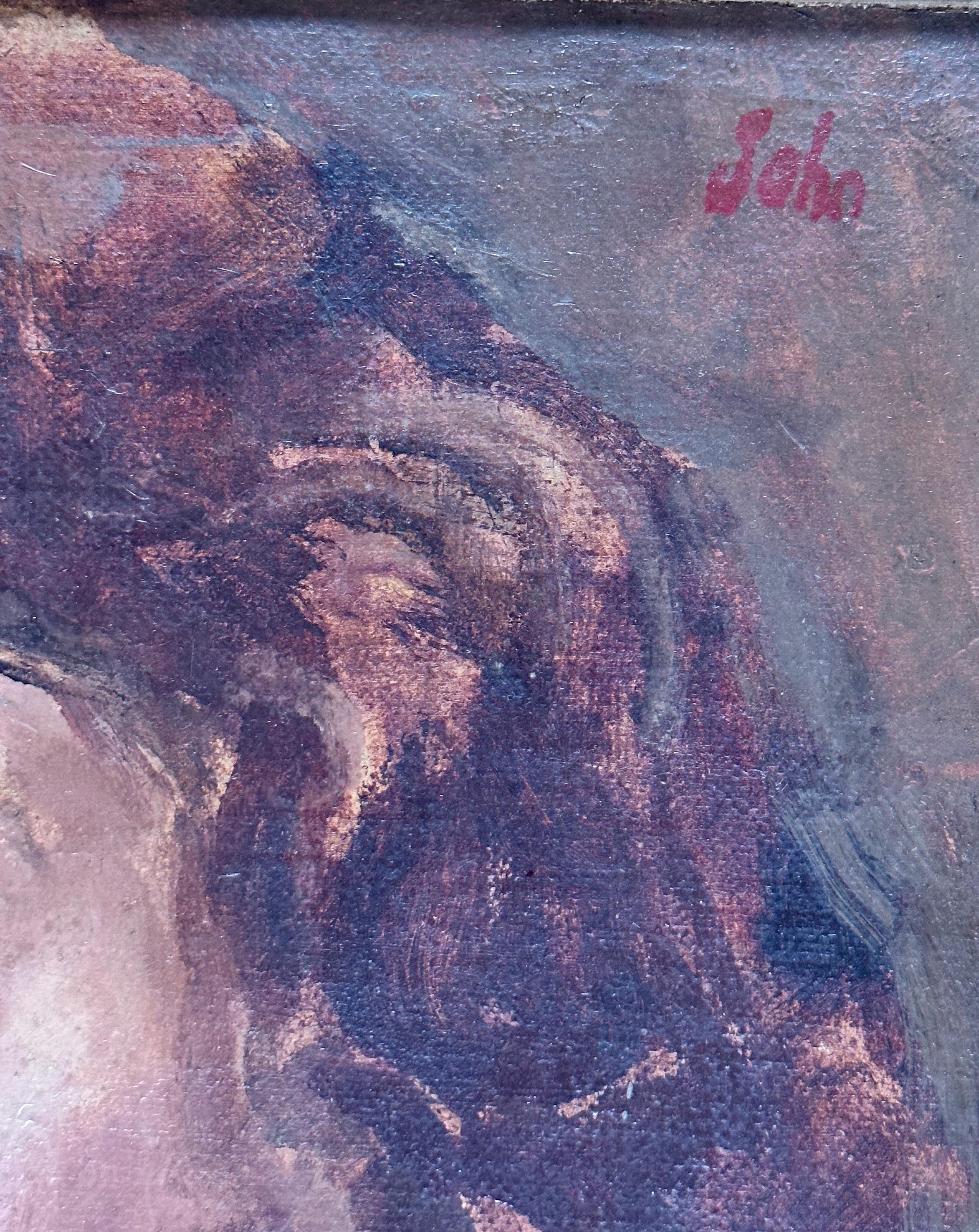 Augustus Edwin John (Gallois, 1878-1961). Portrait de Barbara, vers 1930. huile sur toile, 11 5/8 x 14 5/8 pouces. Dimension encadrée : 16 x 19 pouces. Signé en haut à droite. État d'origine sans conservation ni peinture. Fragment de Label apposé au