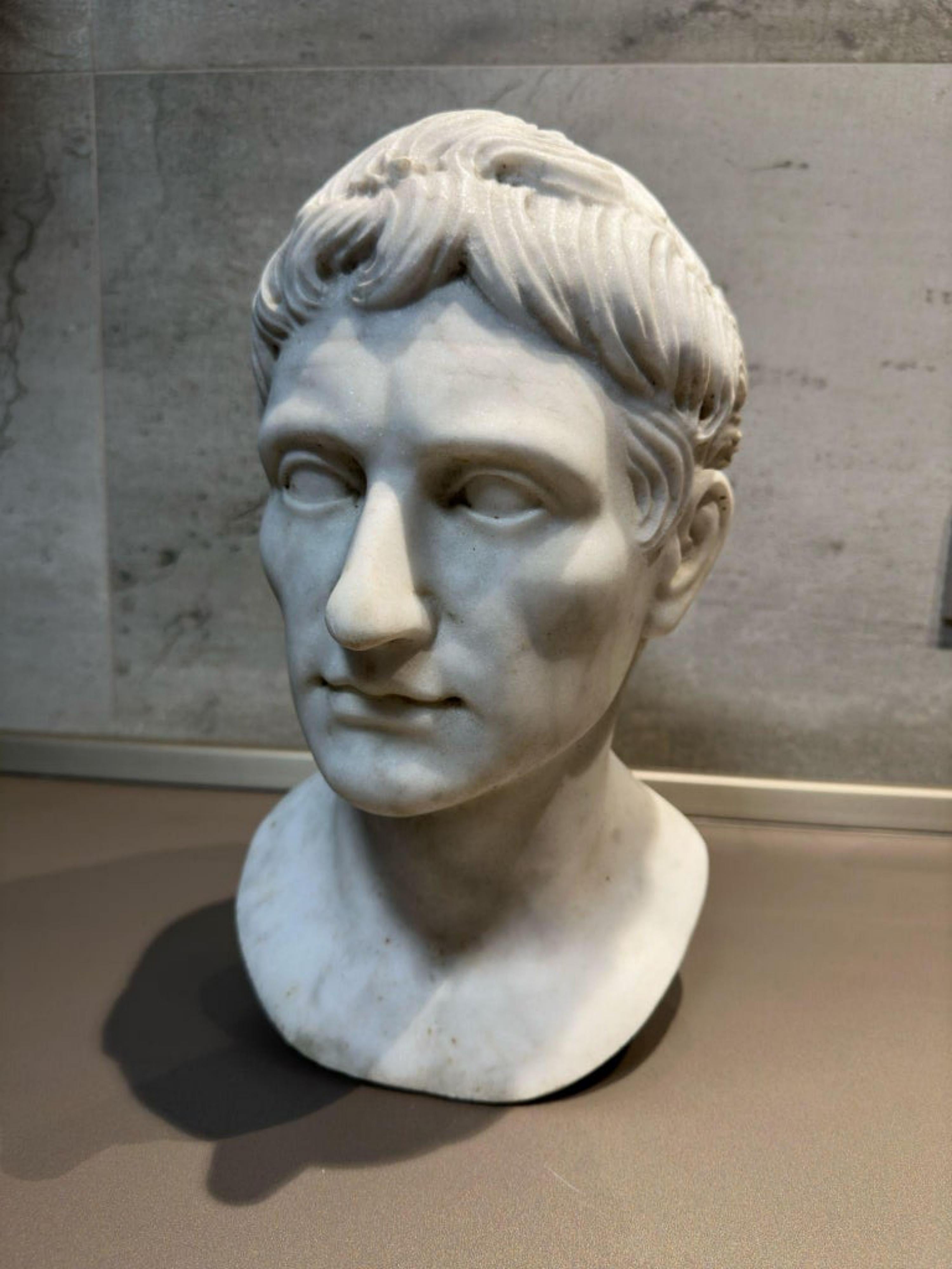 Augustus Emperor - Head in carrara white marble - First Roman Emperor
Early 20th century
Height 37 cm
Width 23 cm
Depth 15 cm
Weight 18 kg
Material white carrara marble
Very good condition.