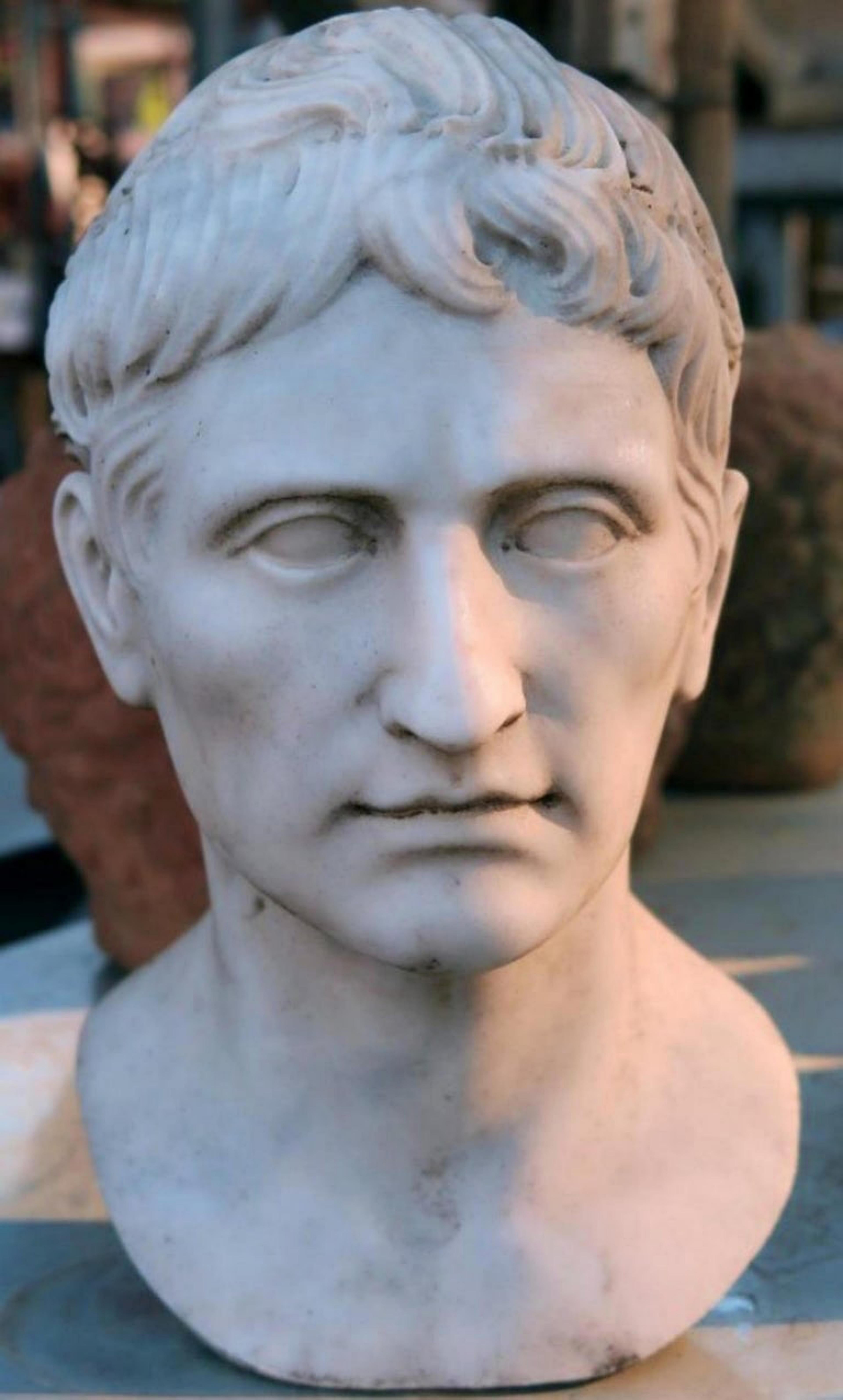 Baroque Augustus Emperor, Head in Carrara White Marble, First Roman Emperor Early 20th For Sale