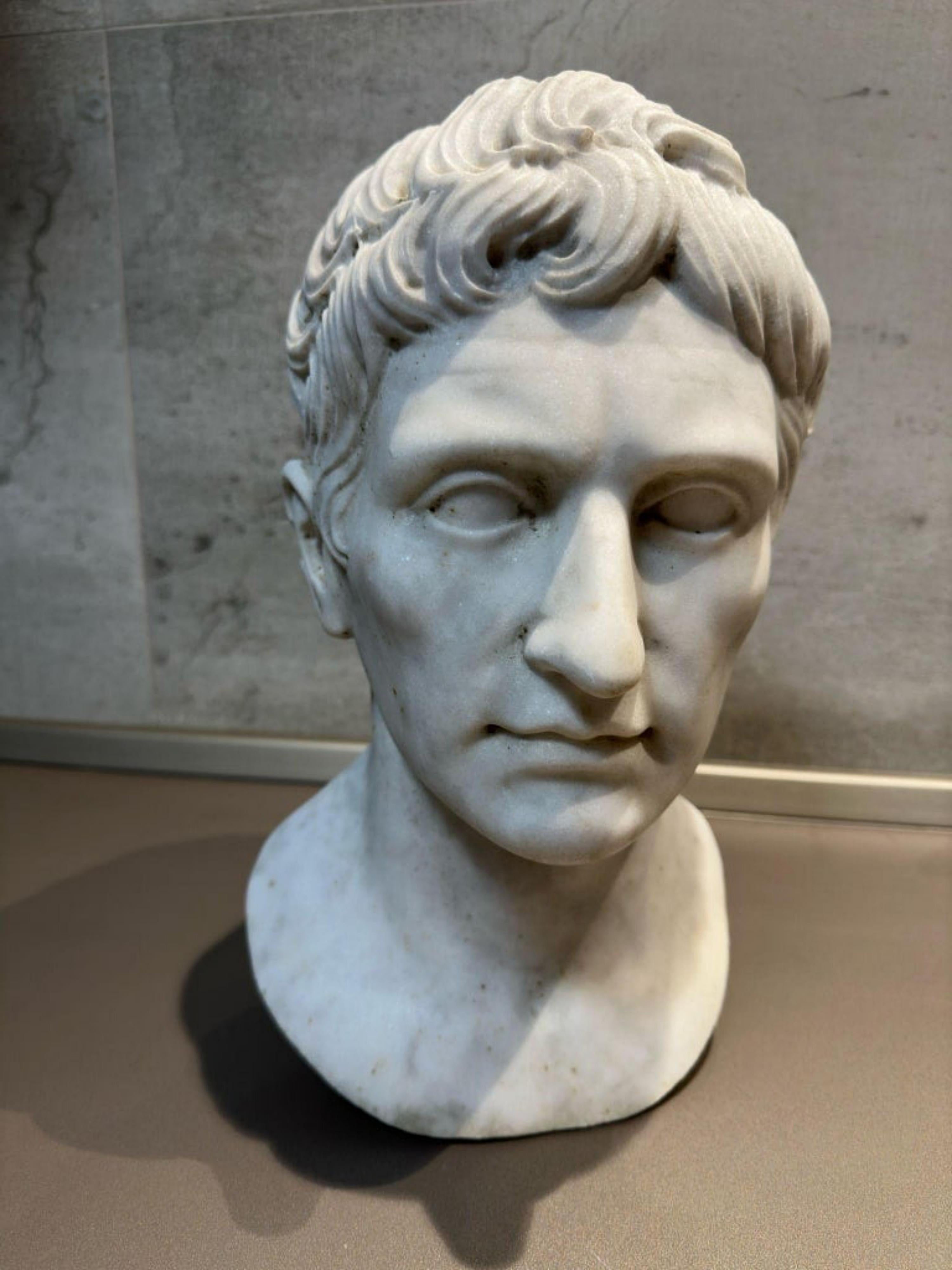 Baroque Augustus Emperor, Head in Carrara White Marble, First Roman Emperor Early 20th For Sale