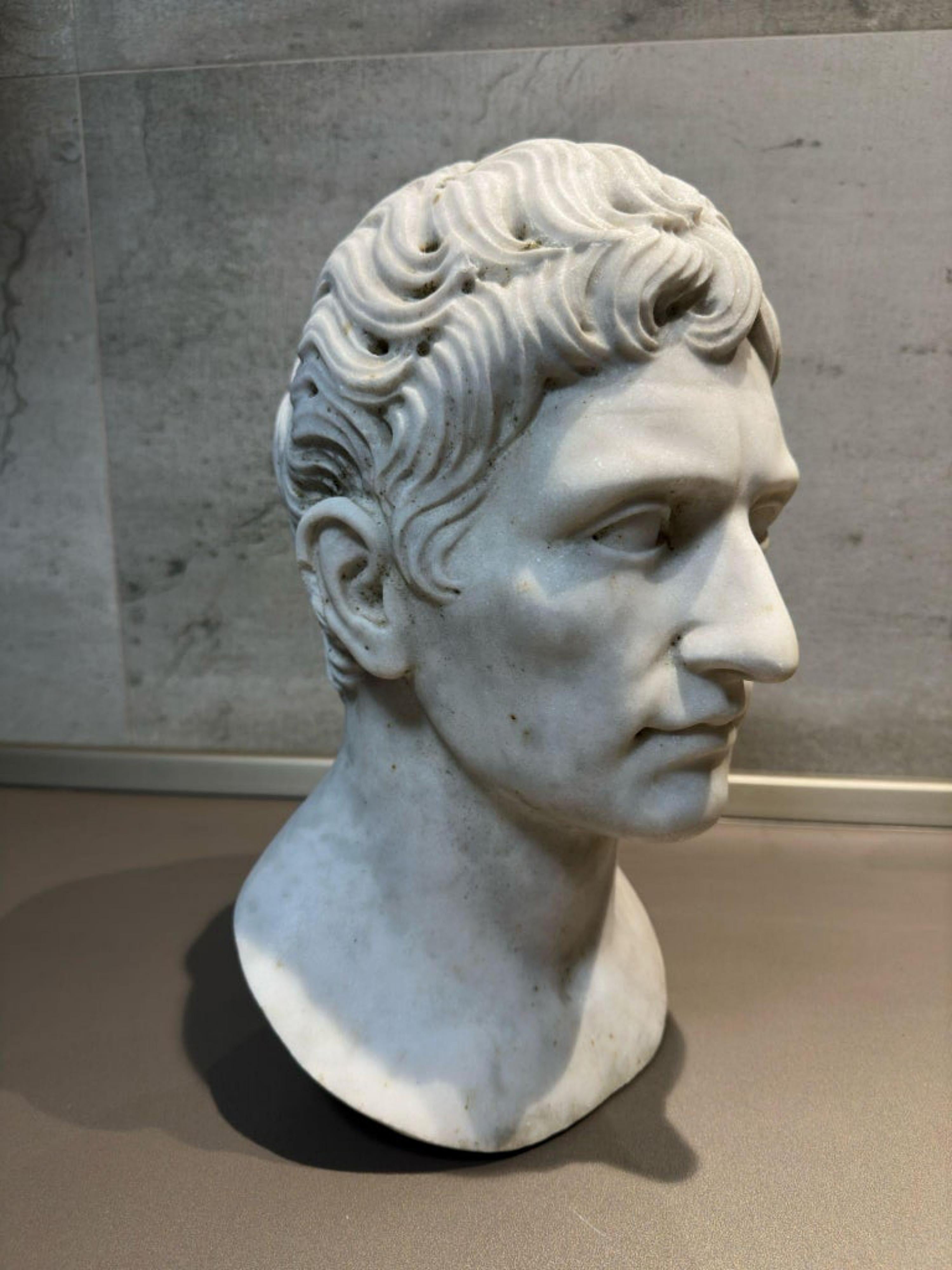 Italian Augustus Emperor, Head in Carrara White Marble, First Roman Emperor Early 20th For Sale
