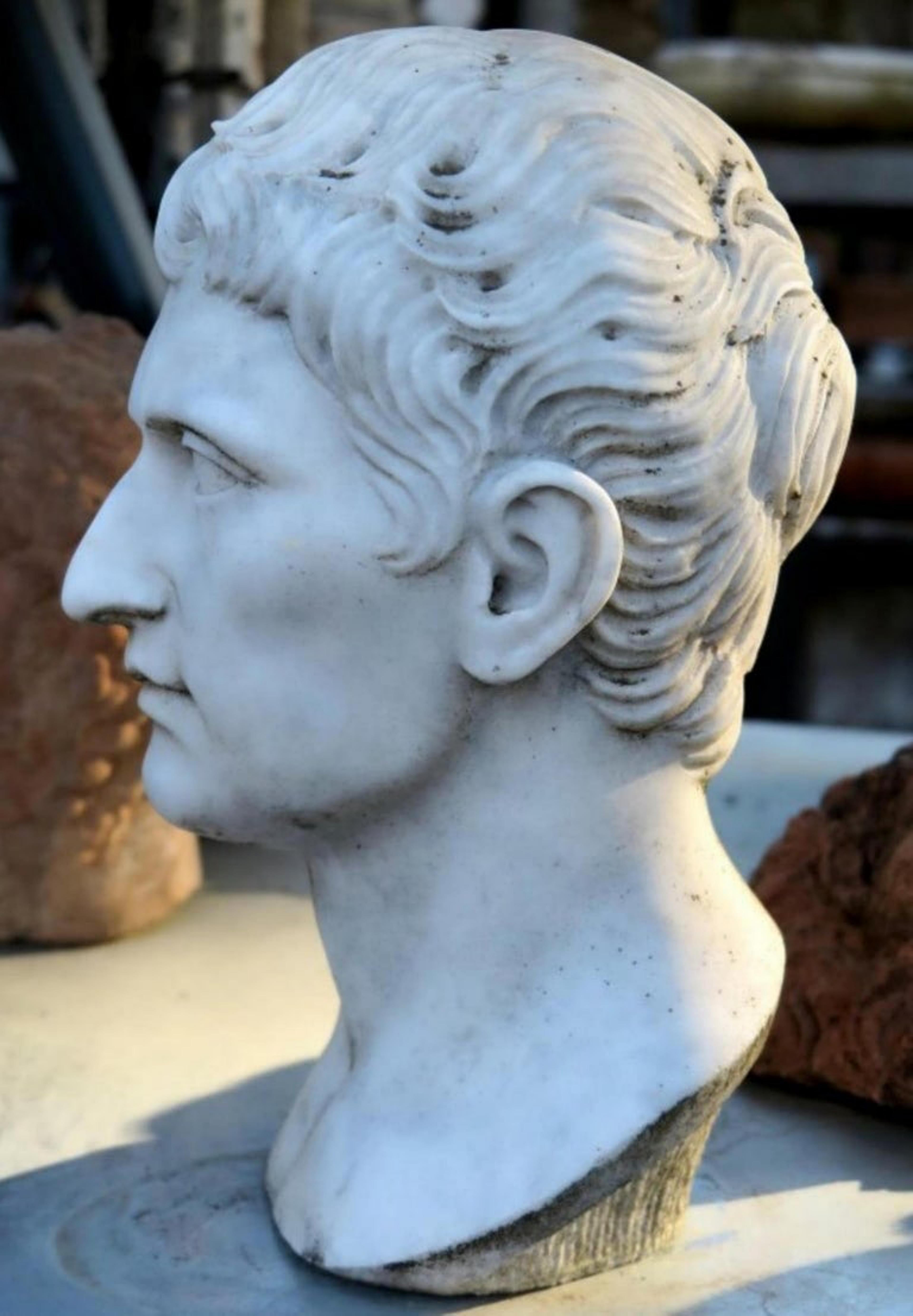 Hand-Crafted Augustus Emperor, Head in Carrara White Marble, First Roman Emperor Early 20th For Sale