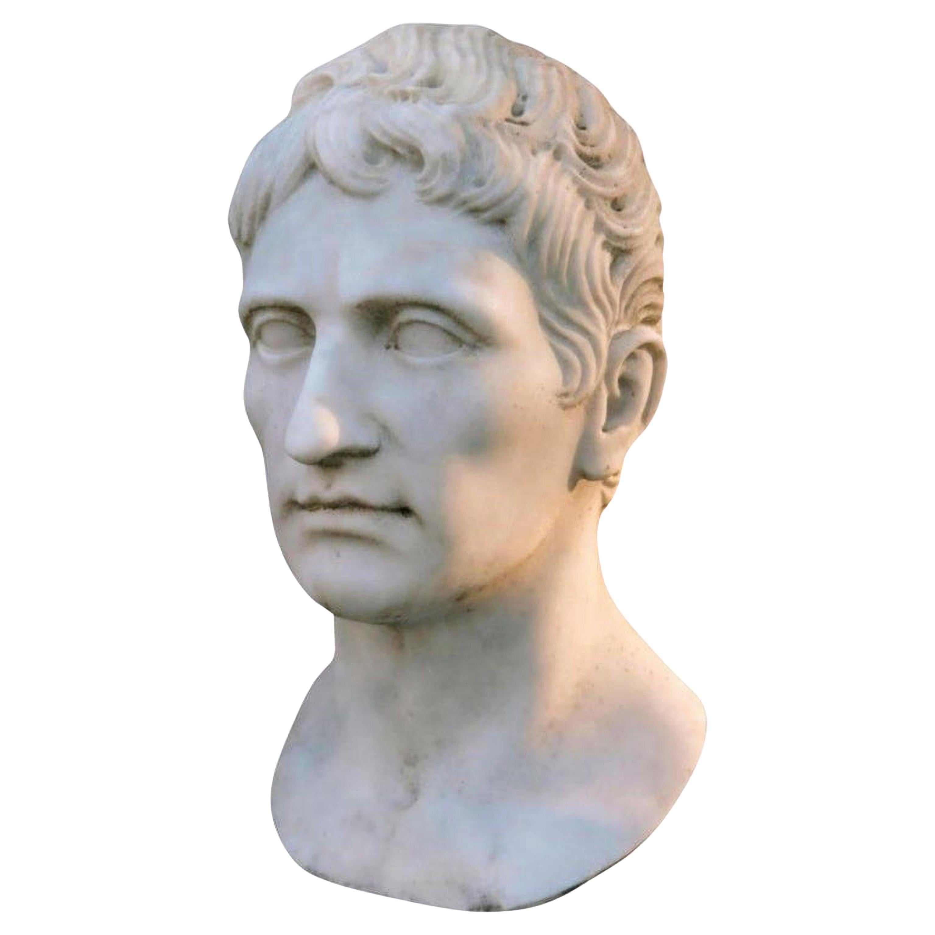Empereur Auguste, tête en marbre blanc de Carrare, premier empereur romain, début du 20e siècle